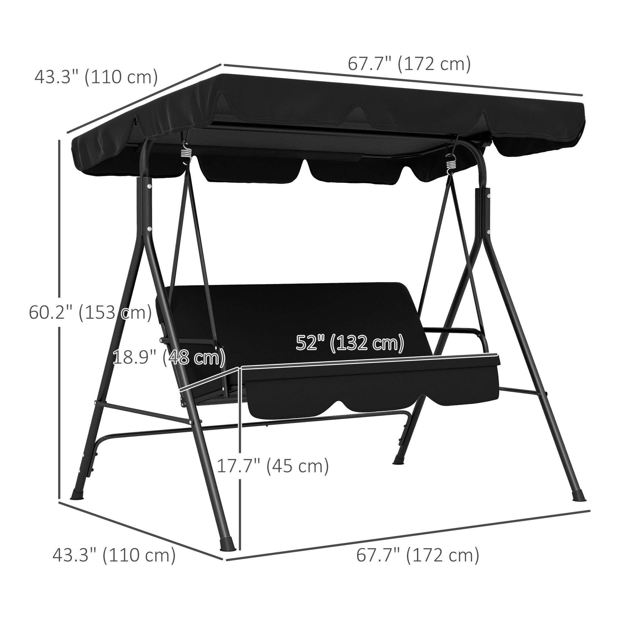 Outsunny 3-Seat Patio Swing Chair, Outdoor Porch Swing Glider with Adjustable Canopy, Removable Cushion, and Weather Resistant Steel Frame, for Garden, Poolside, Black
