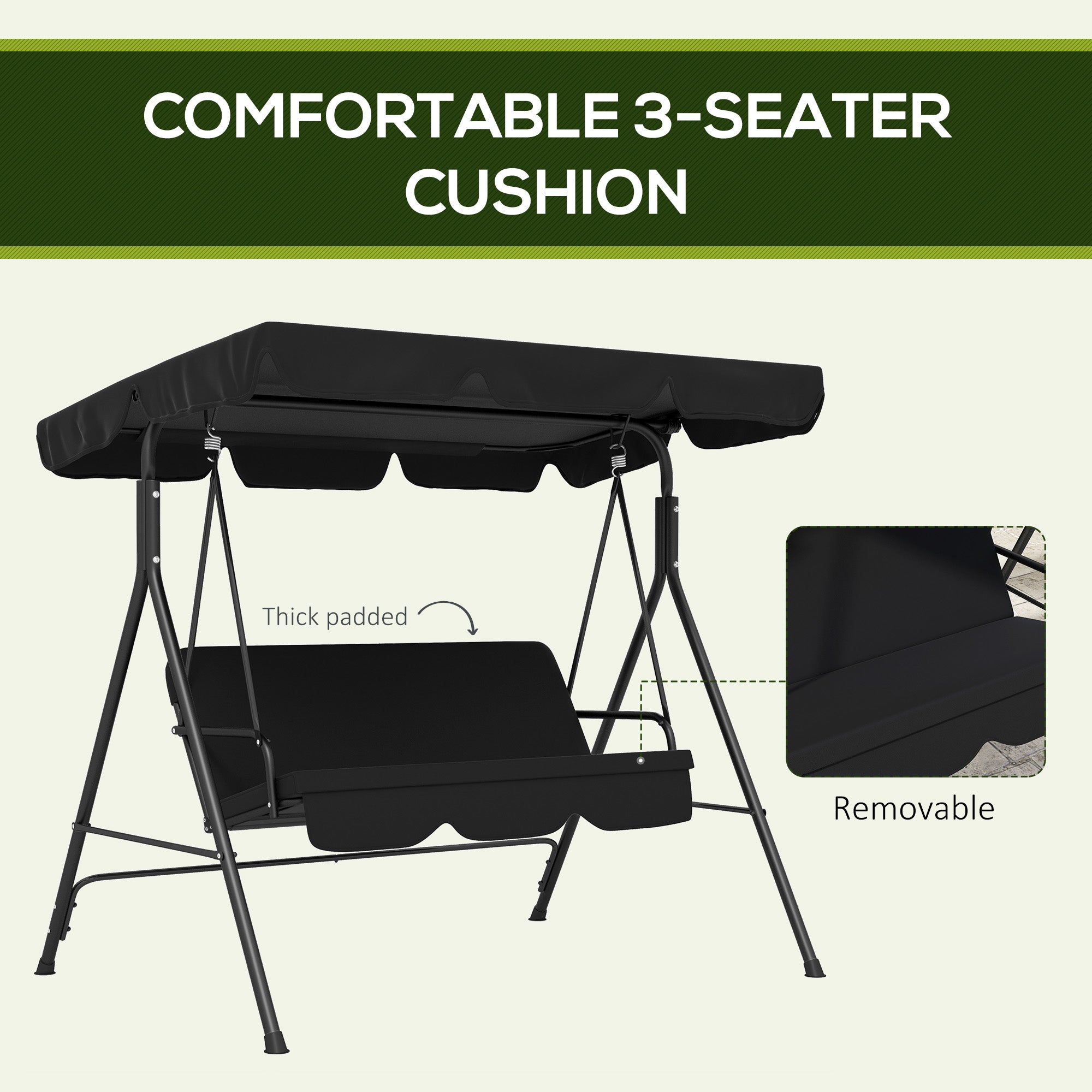 Outsunny 3-Seat Patio Swing Chair, Outdoor Porch Swing Glider with Adjustable Canopy, Removable Cushion, and Weather Resistant Steel Frame, for Garden, Poolside, Black