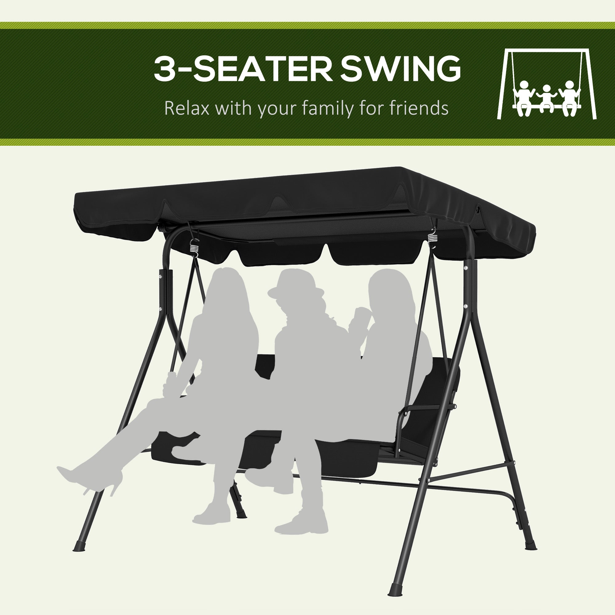 Outsunny 3-Seat Patio Swing Chair, Outdoor Porch Swing Glider with Adjustable Canopy, Removable Cushion, and Weather Resistant Steel Frame, for Garden, Poolside, Black
