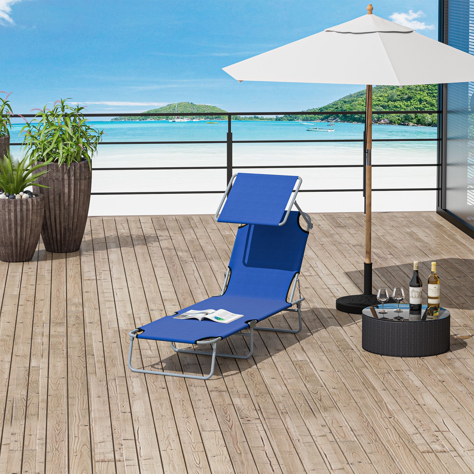 Outsunny Outdoor Lounge Chair, Adjustable Folding Chaise Lounge, Tanning Chair with Sun Shade for Beach, Camping, Hiking, Backyard, Blue