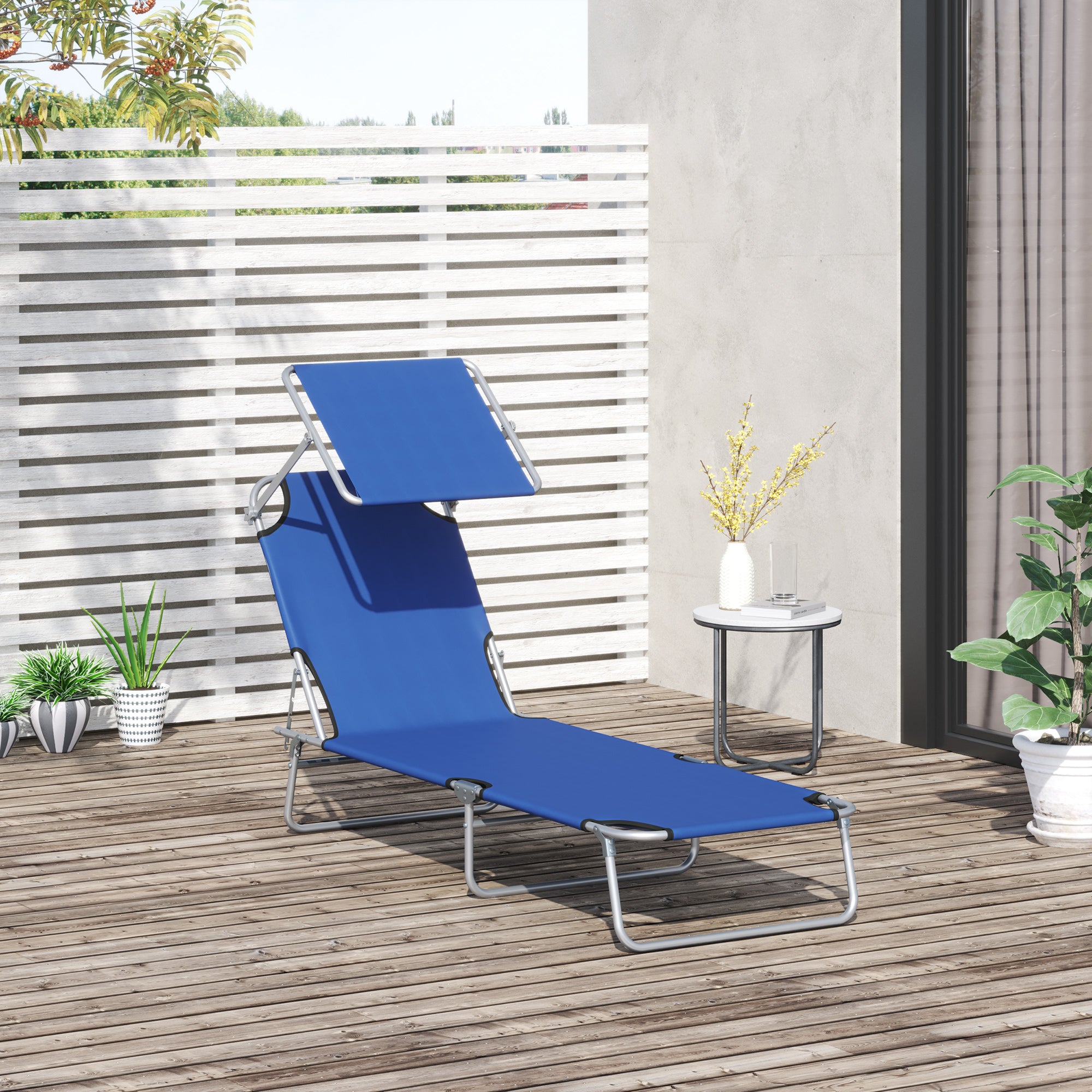 Outsunny Outdoor Lounge Chair, Adjustable Folding Chaise Lounge, Tanning Chair with Sun Shade for Beach, Camping, Hiking, Backyard, Blue