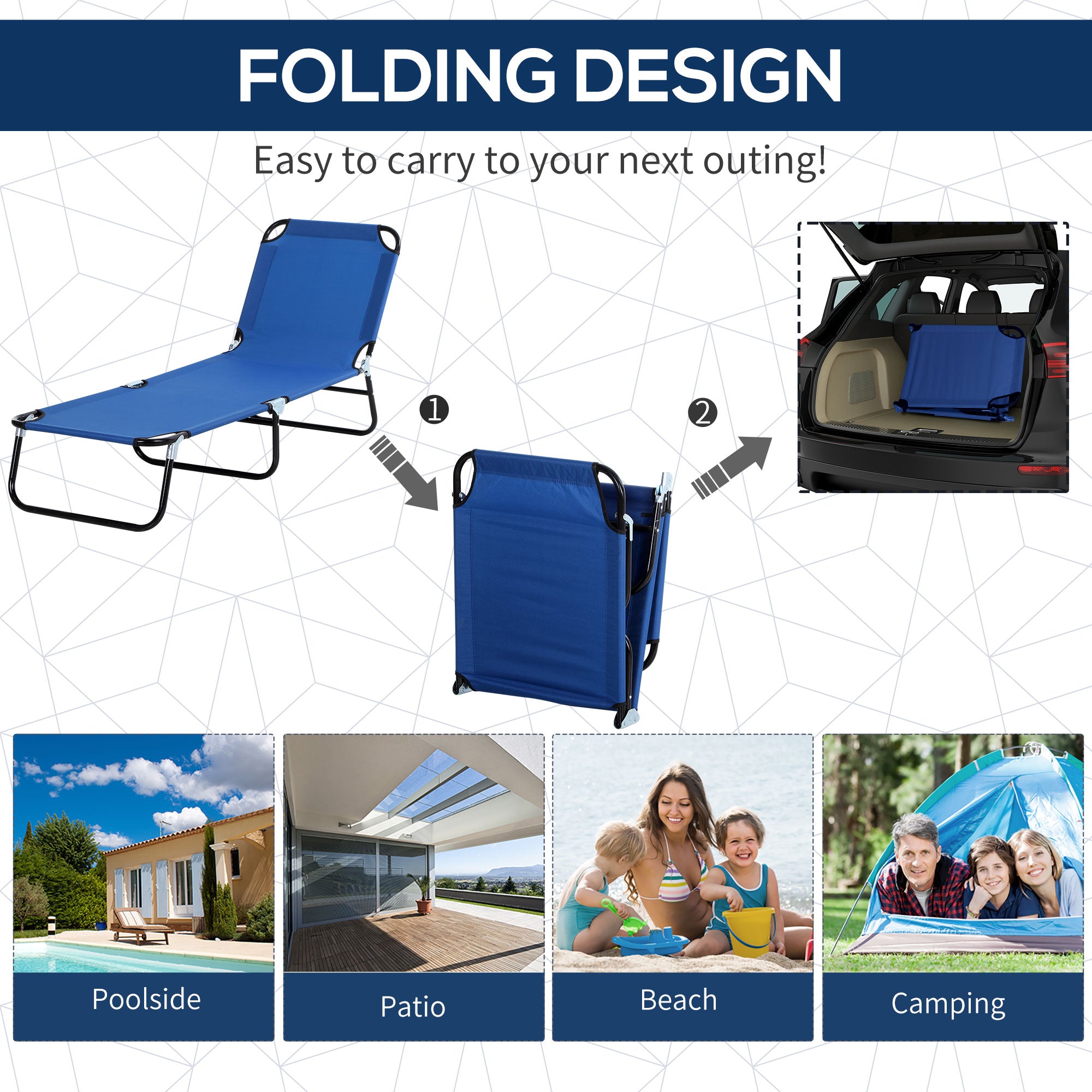 Outsunny Outdoor Lounge Chair, Adjustable Folding Chaise Lounge, Tanning Chair with Sun Shade for Beach, Camping, Hiking, Backyard, Blue