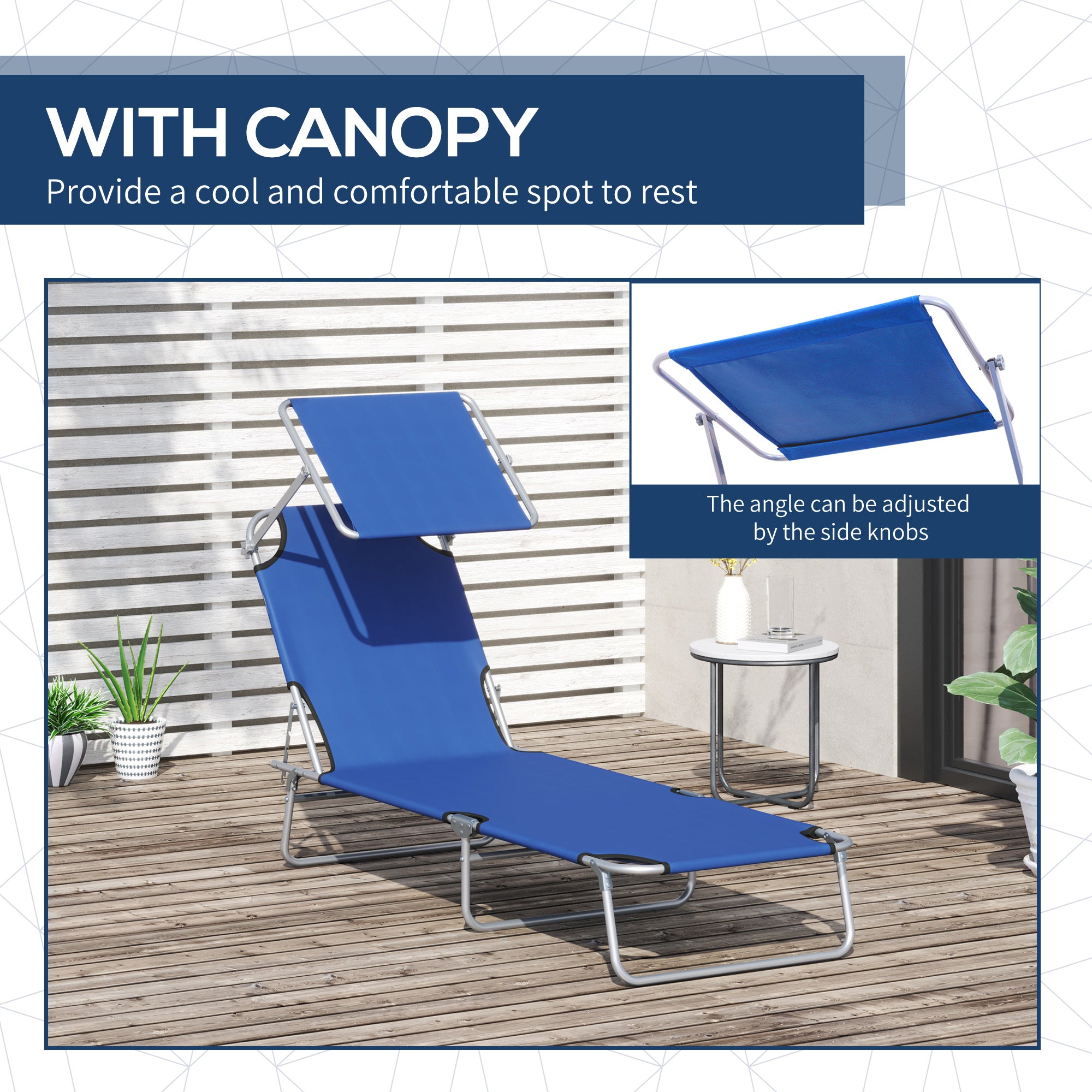 Outsunny Outdoor Lounge Chair, Adjustable Folding Chaise Lounge, Tanning Chair with Sun Shade for Beach, Camping, Hiking, Backyard, Blue