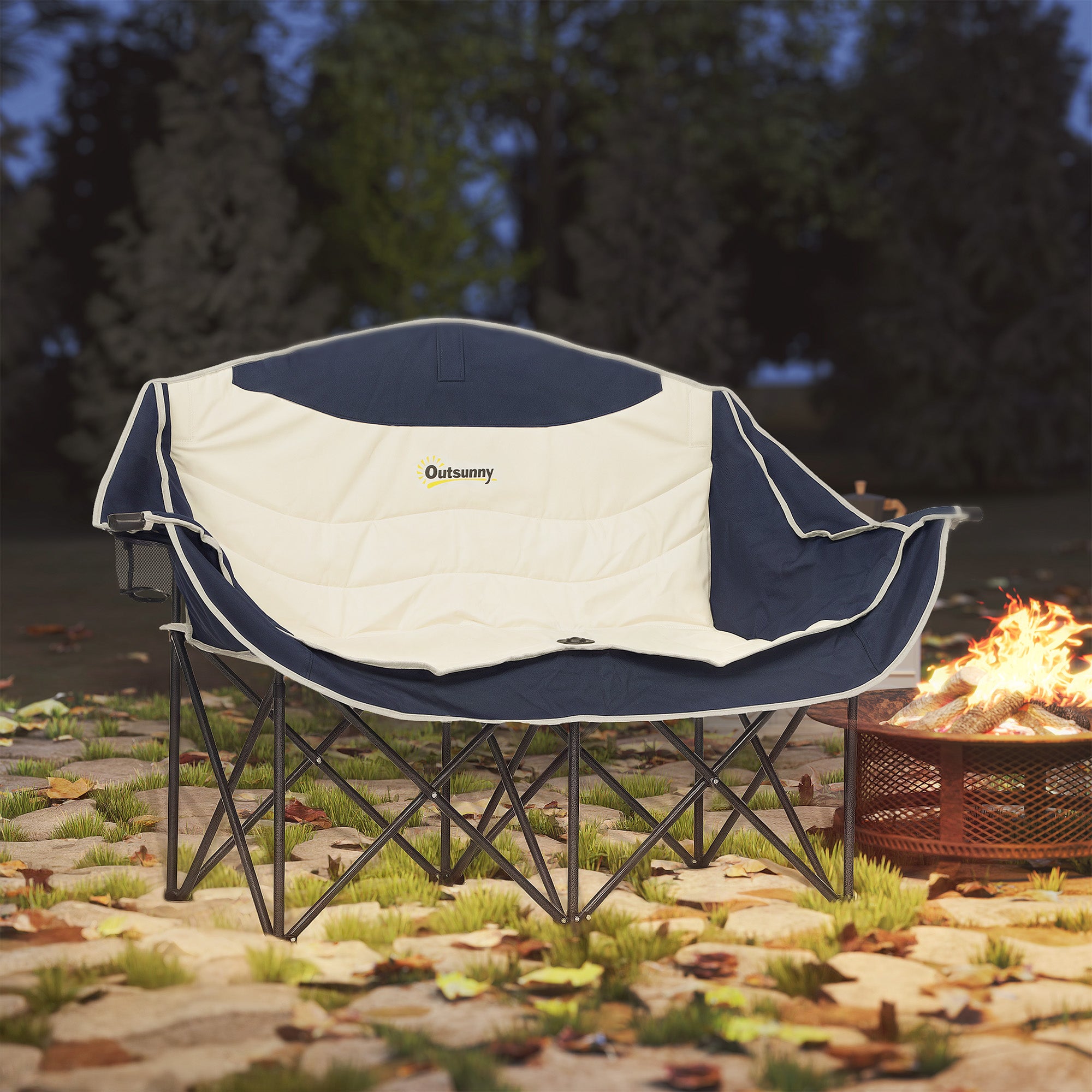 Outsunny Double Camping Chair, Portable Camp Chair with Cup Holder, Wine Glass Holder and Carry Bag, Padded Folding Loveseat for Hiking, Picnic, Beach, Support 551 lbs, Navy Blue