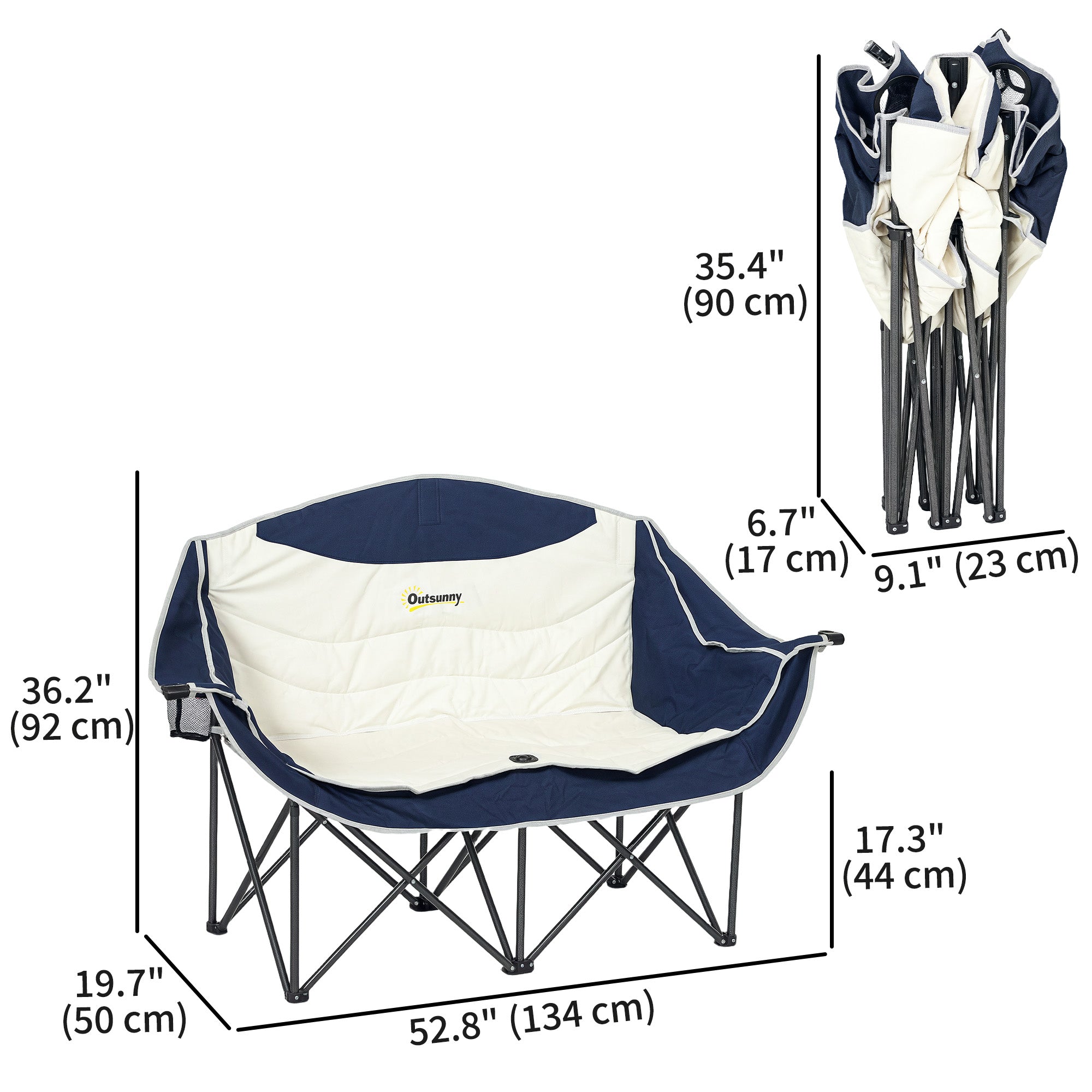 Outsunny Double Camping Chair, Portable Camp Chair with Cup Holder, Wine Glass Holder and Carry Bag, Padded Folding Loveseat for Hiking, Picnic, Beach, Support 551 lbs, Navy Blue