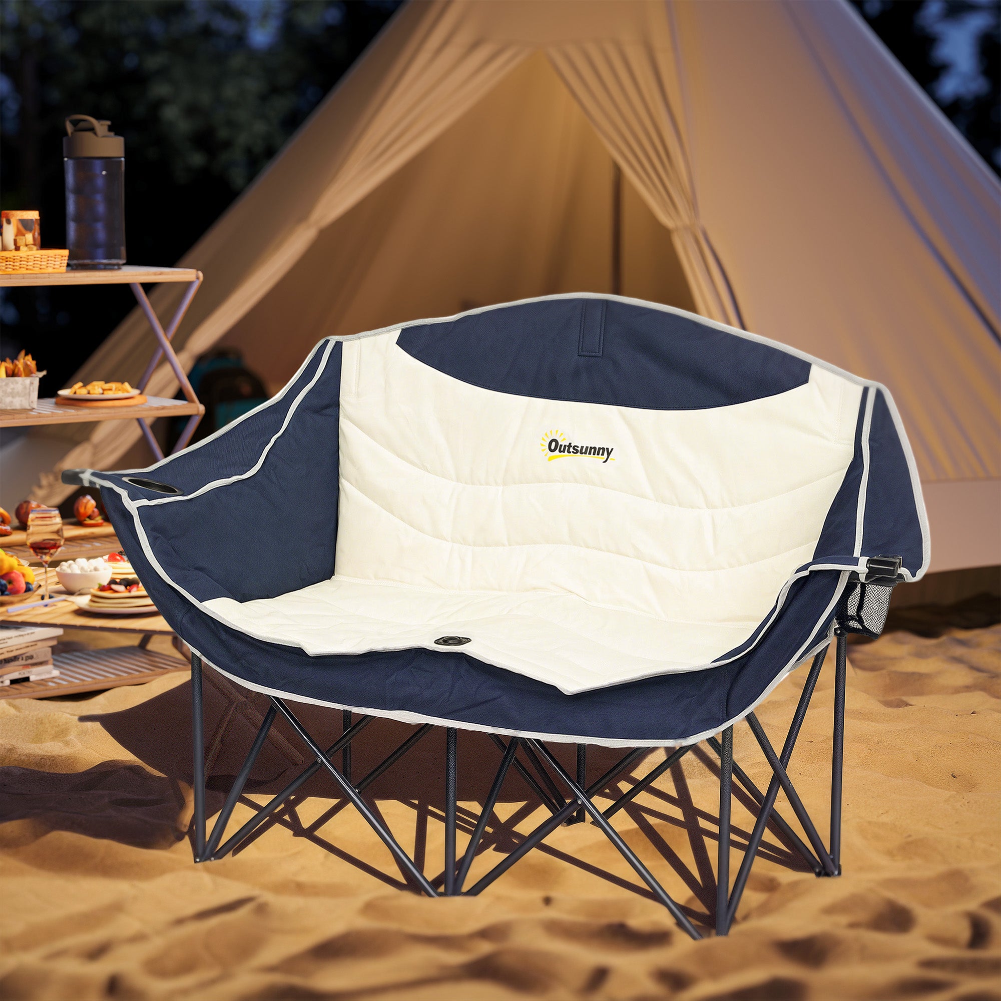 Outsunny Double Camping Chair, Portable Camp Chair with Cup Holder, Wine Glass Holder and Carry Bag, Padded Folding Loveseat for Hiking, Picnic, Beach, Support 551 lbs, Navy Blue
