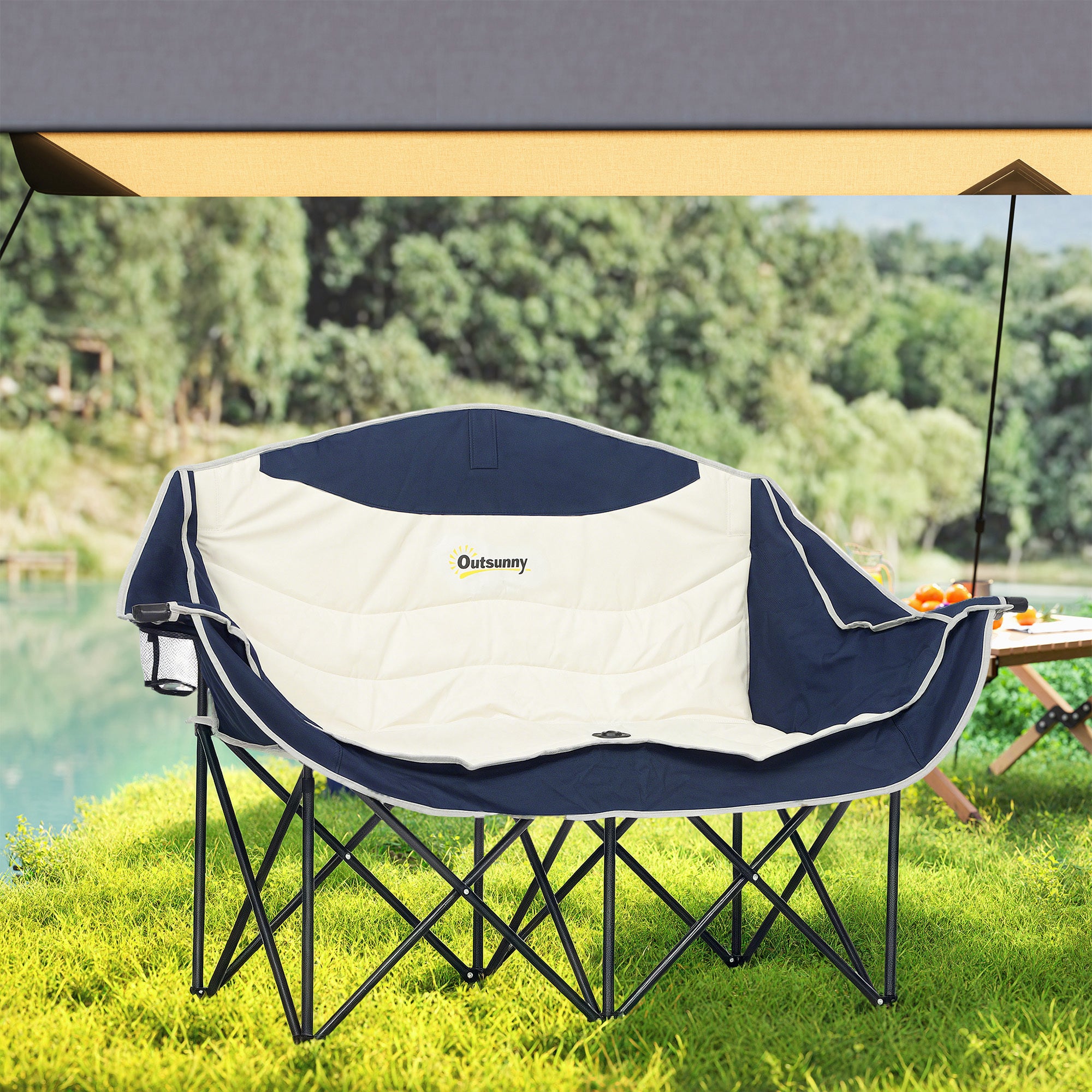 Outsunny Double Camping Chair, Portable Camp Chair with Cup Holder, Wine Glass Holder and Carry Bag, Padded Folding Loveseat for Hiking, Picnic, Beach, Support 551 lbs, Navy Blue