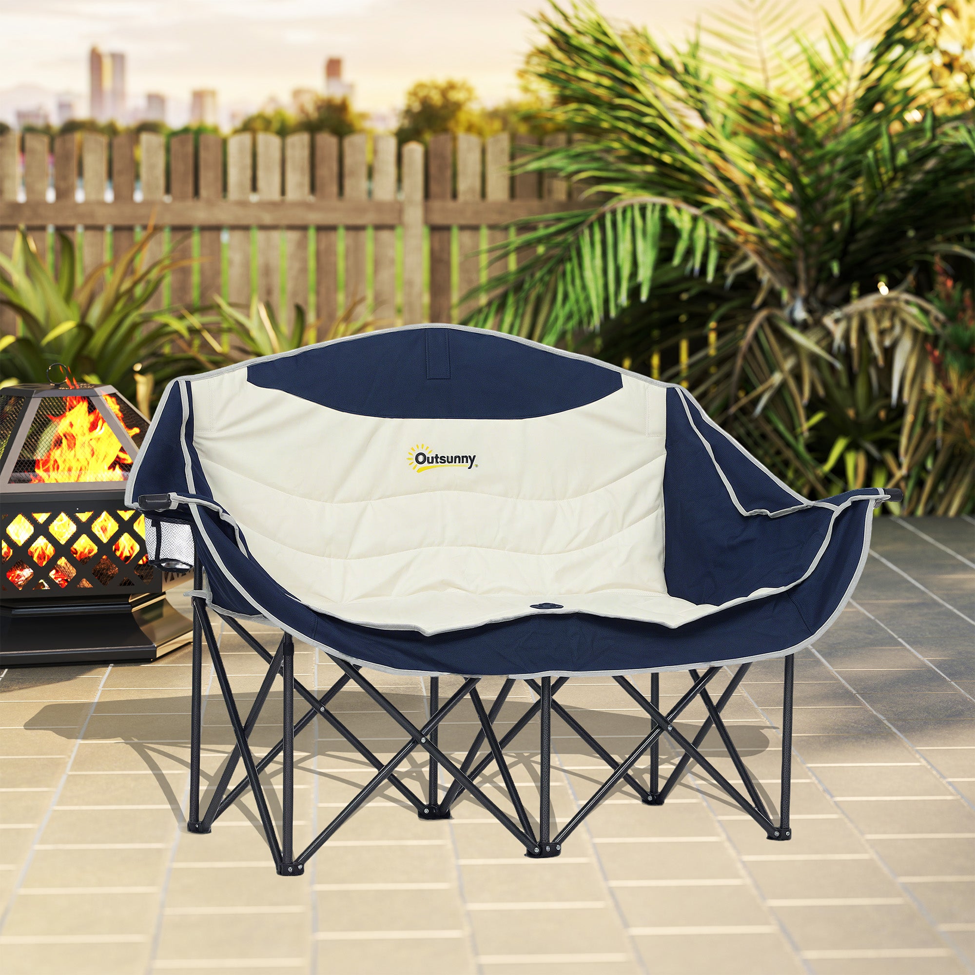 Outsunny Double Camping Chair, Portable Camp Chair with Cup Holder, Wine Glass Holder and Carry Bag, Padded Folding Loveseat for Hiking, Picnic, Beach, Support 551 lbs, Navy Blue