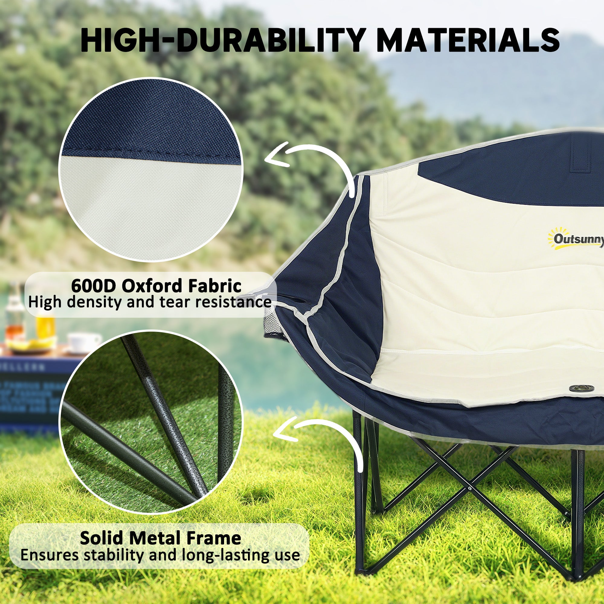 Outsunny Double Camping Chair, Portable Camp Chair with Cup Holder, Wine Glass Holder and Carry Bag, Padded Folding Loveseat for Hiking, Picnic, Beach, Support 551 lbs, Navy Blue
