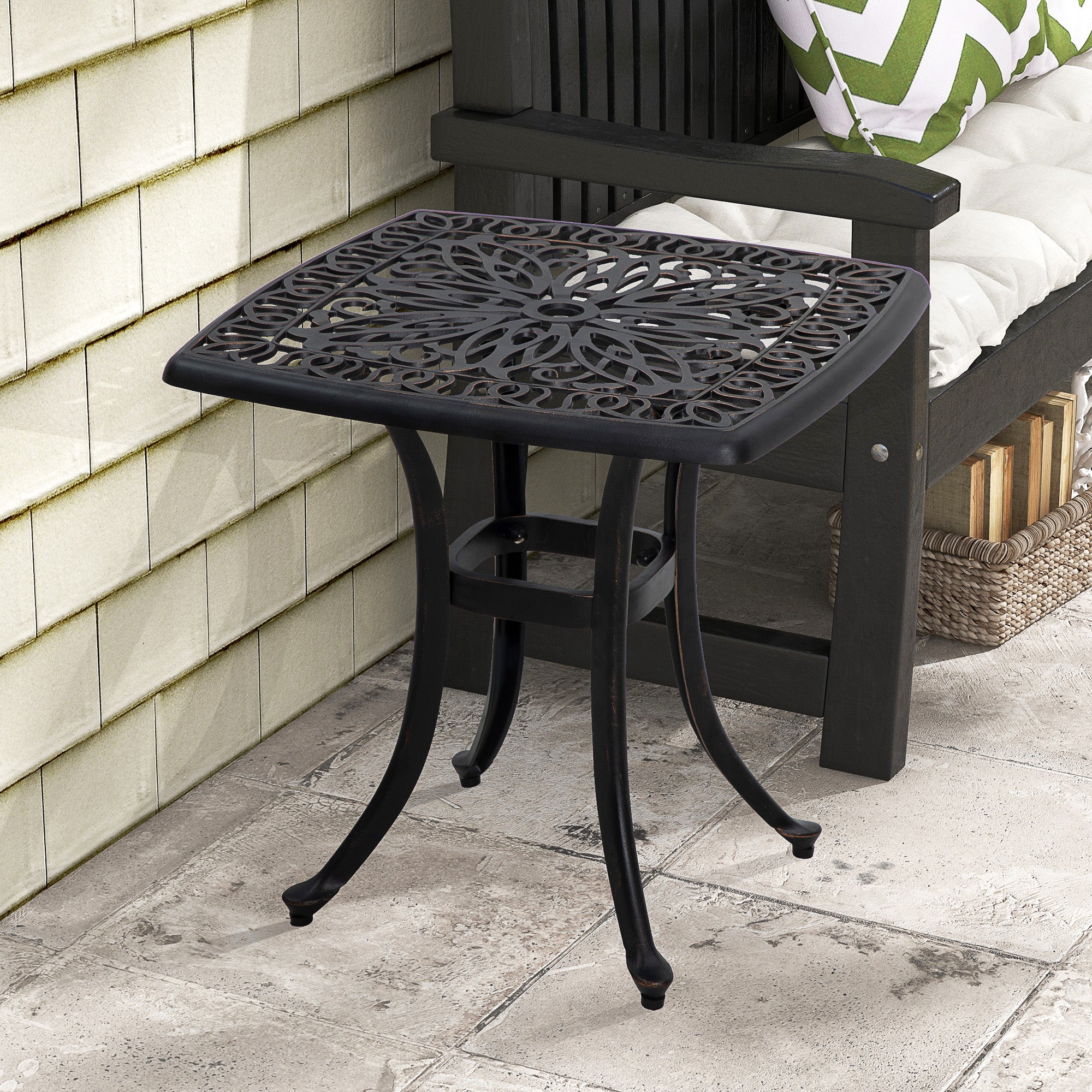 Outsunny Cast Aluminum Outdoor Side Table, 21" Square Patio End Table with Umbrella Hole, Bistro Table for Garden, Balcony, Poolside, Bronze