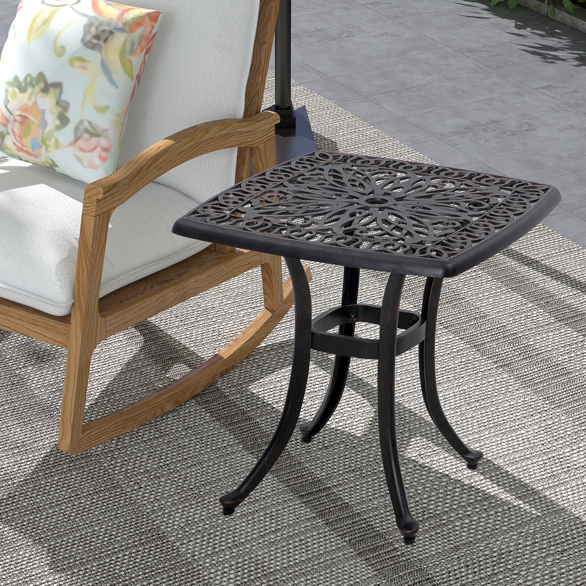 Outsunny Cast Aluminum Outdoor Side Table, 21" Square Patio End Table with Umbrella Hole, Bistro Table for Garden, Balcony, Poolside, Bronze