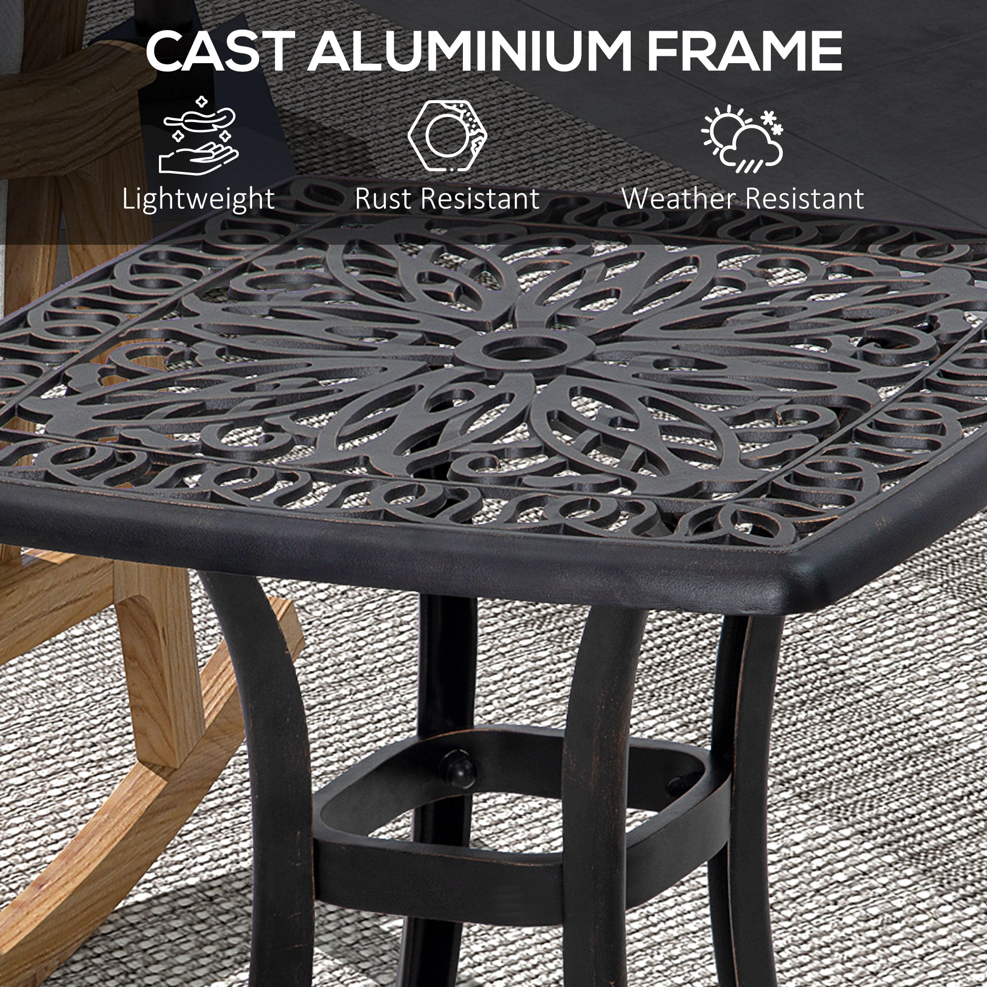 Outsunny Cast Aluminum Outdoor Side Table, 21" Square Patio End Table with Umbrella Hole, Bistro Table for Garden, Balcony, Poolside, Bronze