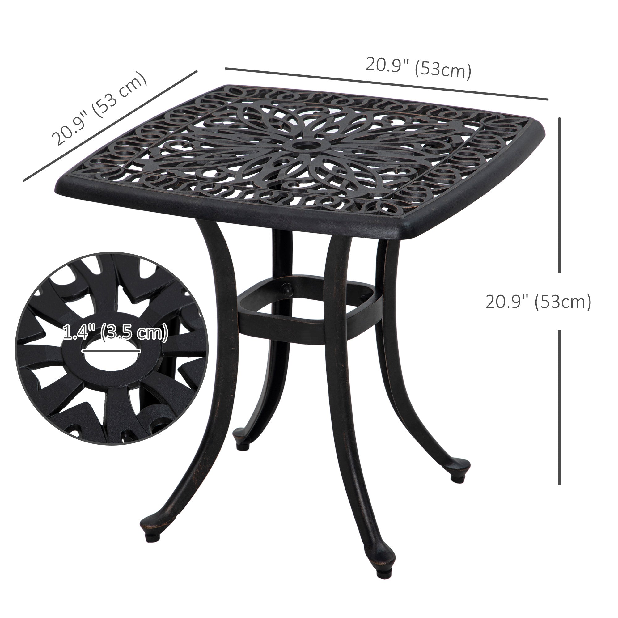 Outsunny Cast Aluminum Outdoor Side Table, 21" Square Patio End Table with Umbrella Hole, Bistro Table for Garden, Balcony, Poolside, Bronze