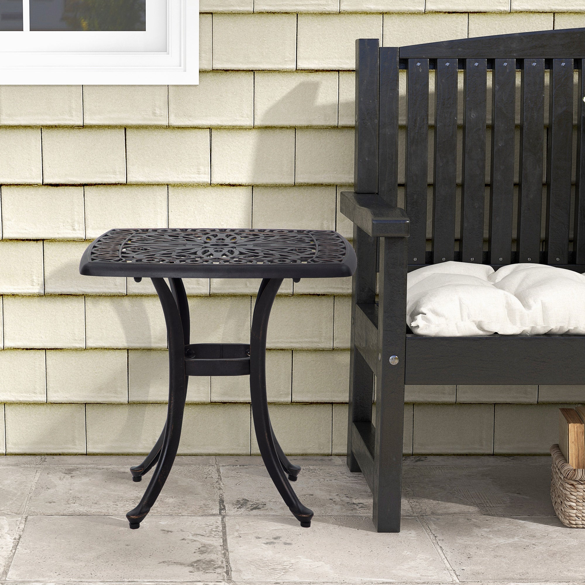 Outsunny Cast Aluminum Outdoor Side Table, 21" Square Patio End Table with Umbrella Hole, Bistro Table for Garden, Balcony, Poolside, Bronze