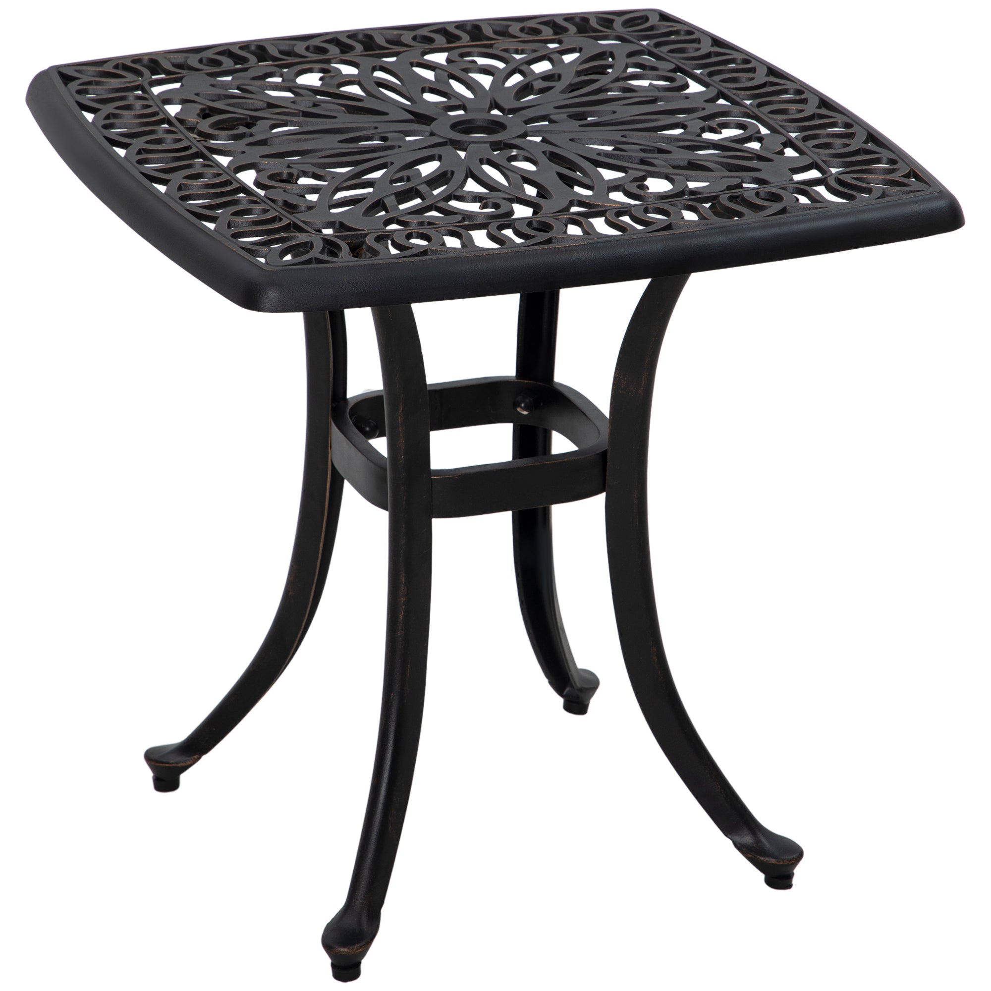 Outsunny Cast Aluminum Outdoor Side Table, 21" Square Patio End Table with Umbrella Hole, Bistro Table for Garden, Balcony, Poolside, Bronze