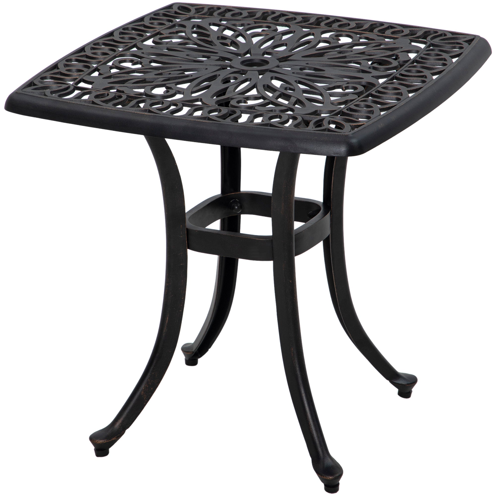 Outsunny Cast Aluminum Outdoor Side Table, 21" Square Patio End Table with Umbrella Hole, Bistro Table for Garden, Balcony, Poolside, Bronze