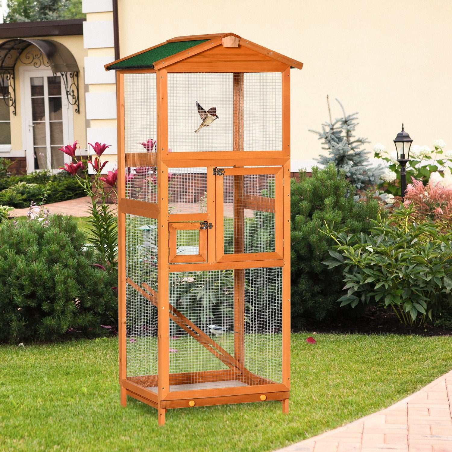 PawHut Wooden Bird Cage Budgie Cage for Canary Parakeet Aviary with Removable Tray,Asphalt Roof for Outdoor Indoor