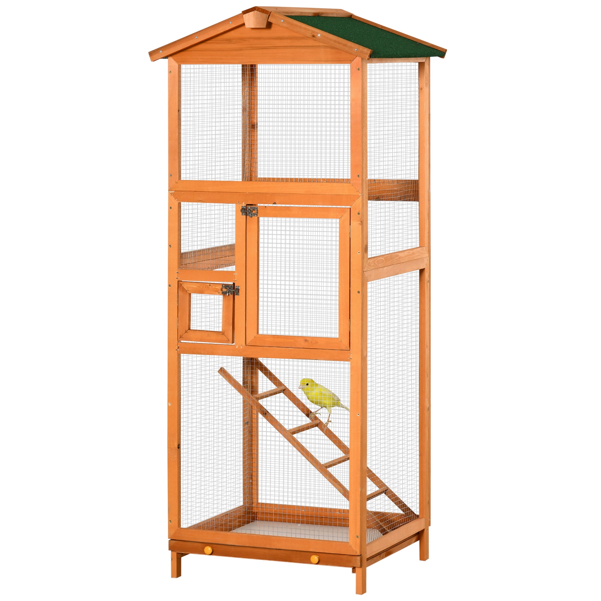 PawHut 65" Bird Cage Wooden Bird Cage Stand with Two Doors, Ladder and Pull out Tray for Finches, Orange