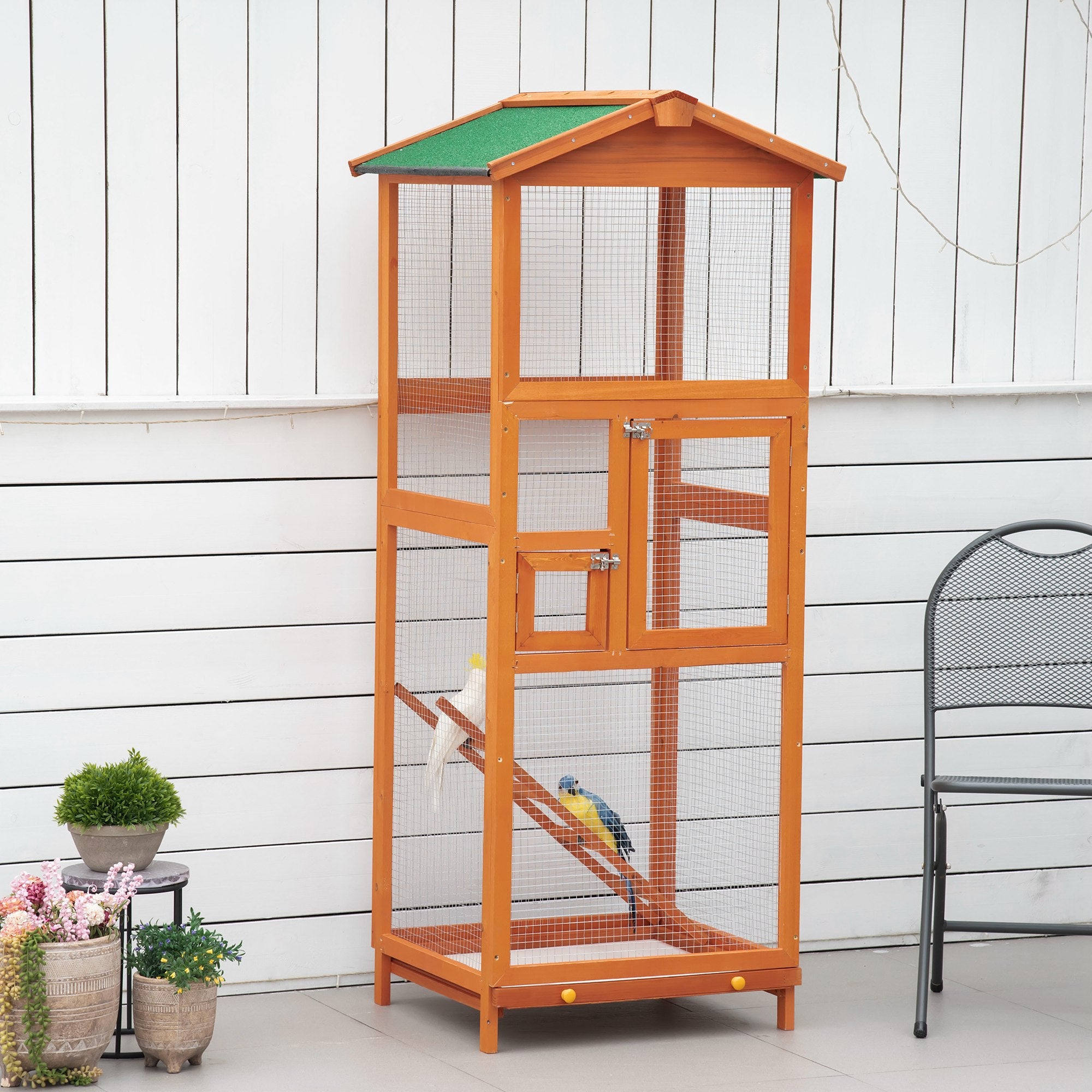 PawHut 65" Bird Cage Wooden Bird Cage Stand with Two Doors, Ladder and Pull out Tray for Finches, Orange