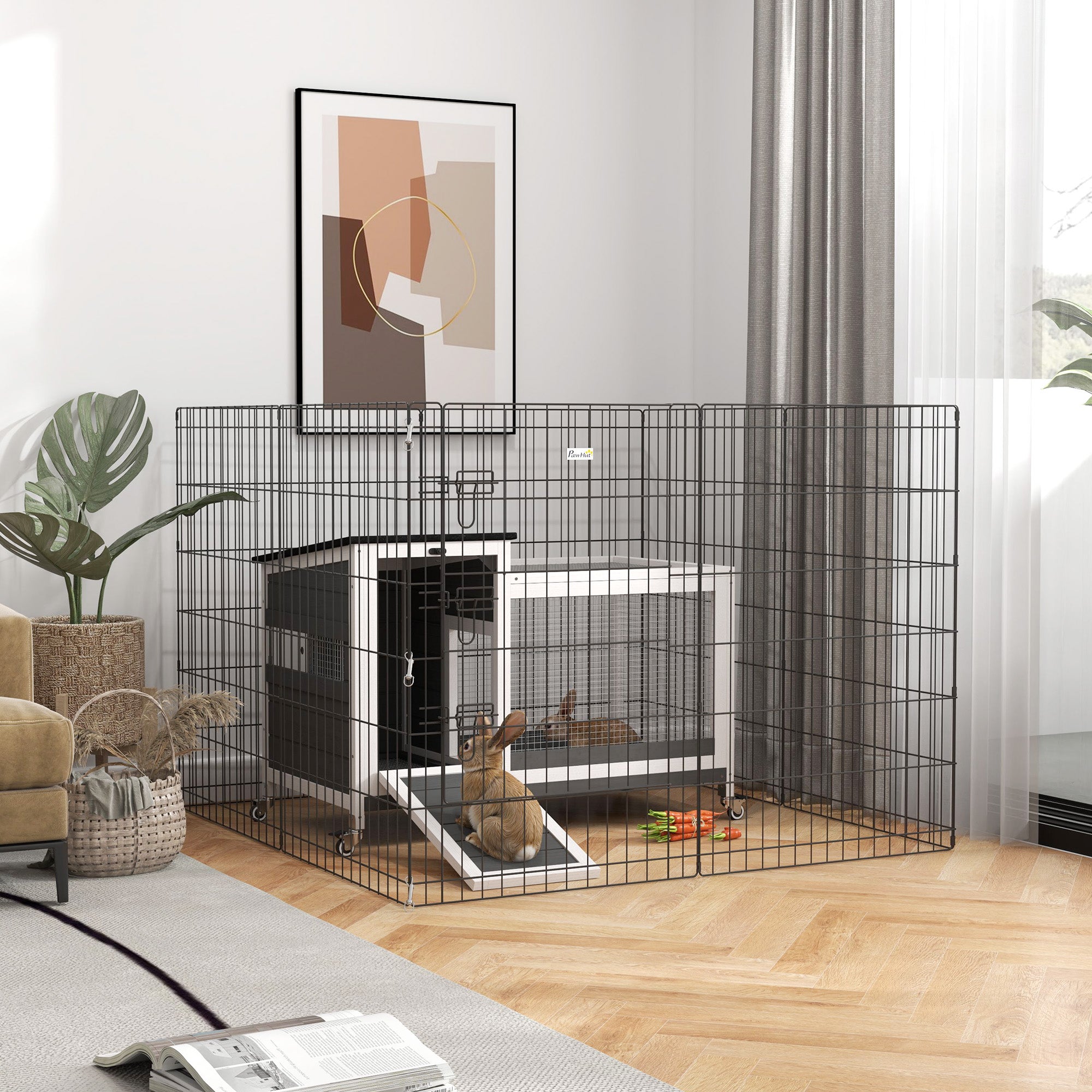 PawHut Wooden Rabbit Hutch, Indoor Outdoor Guinea Pig Cage with Pull-Out Tray, Asphalt Openable Roof, Small Animal Cage on Wheels with Run, Dark Grey