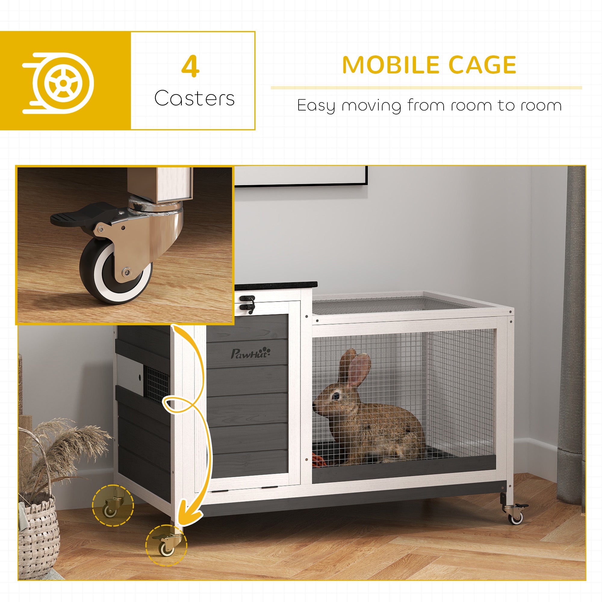 PawHut Wooden Rabbit Hutch, Indoor Outdoor Guinea Pig Cage with Pull-Out Tray, Asphalt Openable Roof, Small Animal Cage on Wheels with Run, Dark Grey