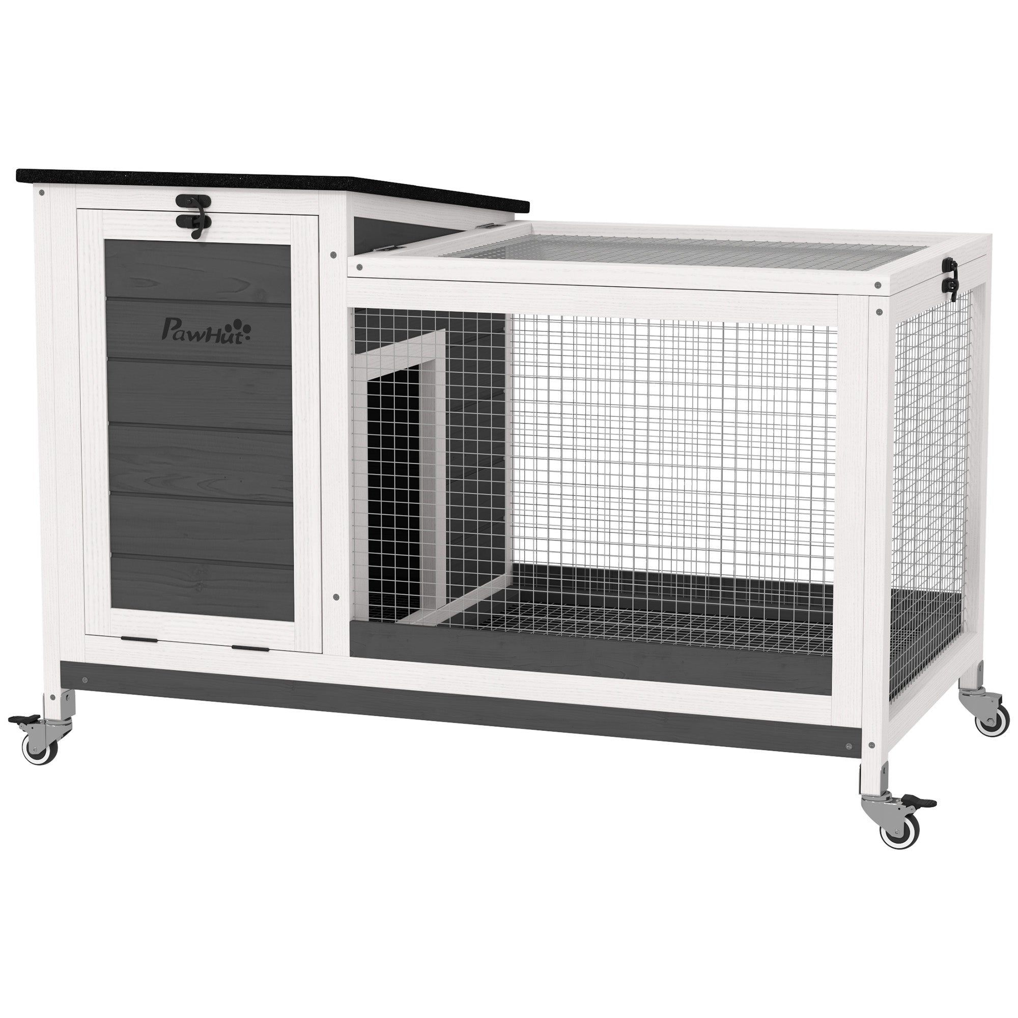 PawHut Wooden Rabbit Hutch, Indoor Outdoor Guinea Pig Cage with Pull-Out Tray, Asphalt Openable Roof, Small Animal Cage on Wheels with Run, Dark Grey
