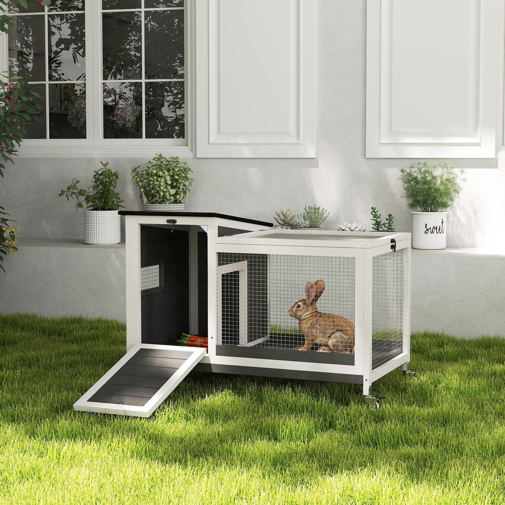 PawHut Wooden Rabbit Hutch, Indoor Outdoor Guinea Pig Cage with Pull-Out Tray, Asphalt Openable Roof, Small Animal Cage on Wheels with Run, Dark Grey