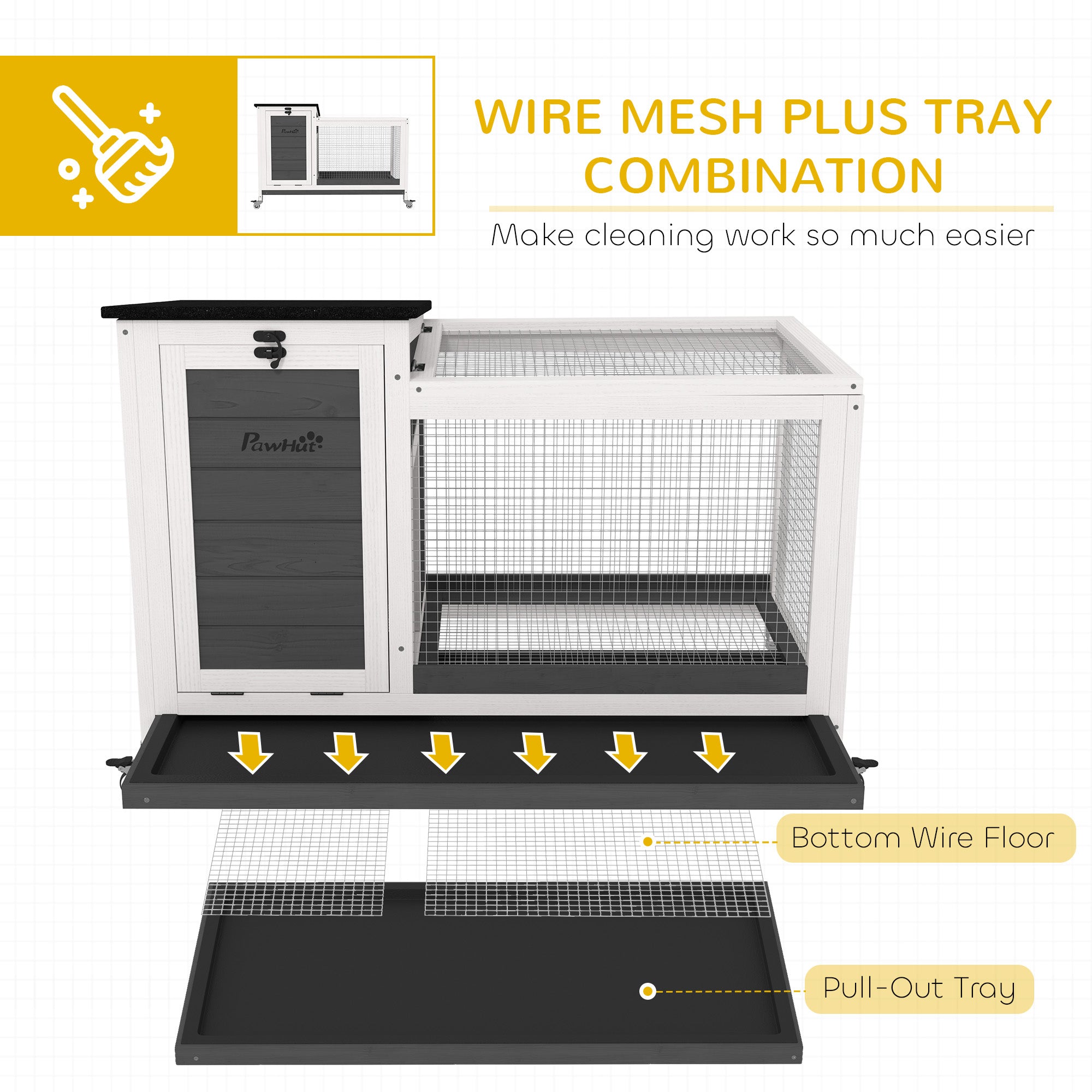 PawHut Wooden Rabbit Hutch, Indoor Outdoor Guinea Pig Cage with Pull-Out Tray, Asphalt Openable Roof, Small Animal Cage on Wheels with Run, Dark Grey
