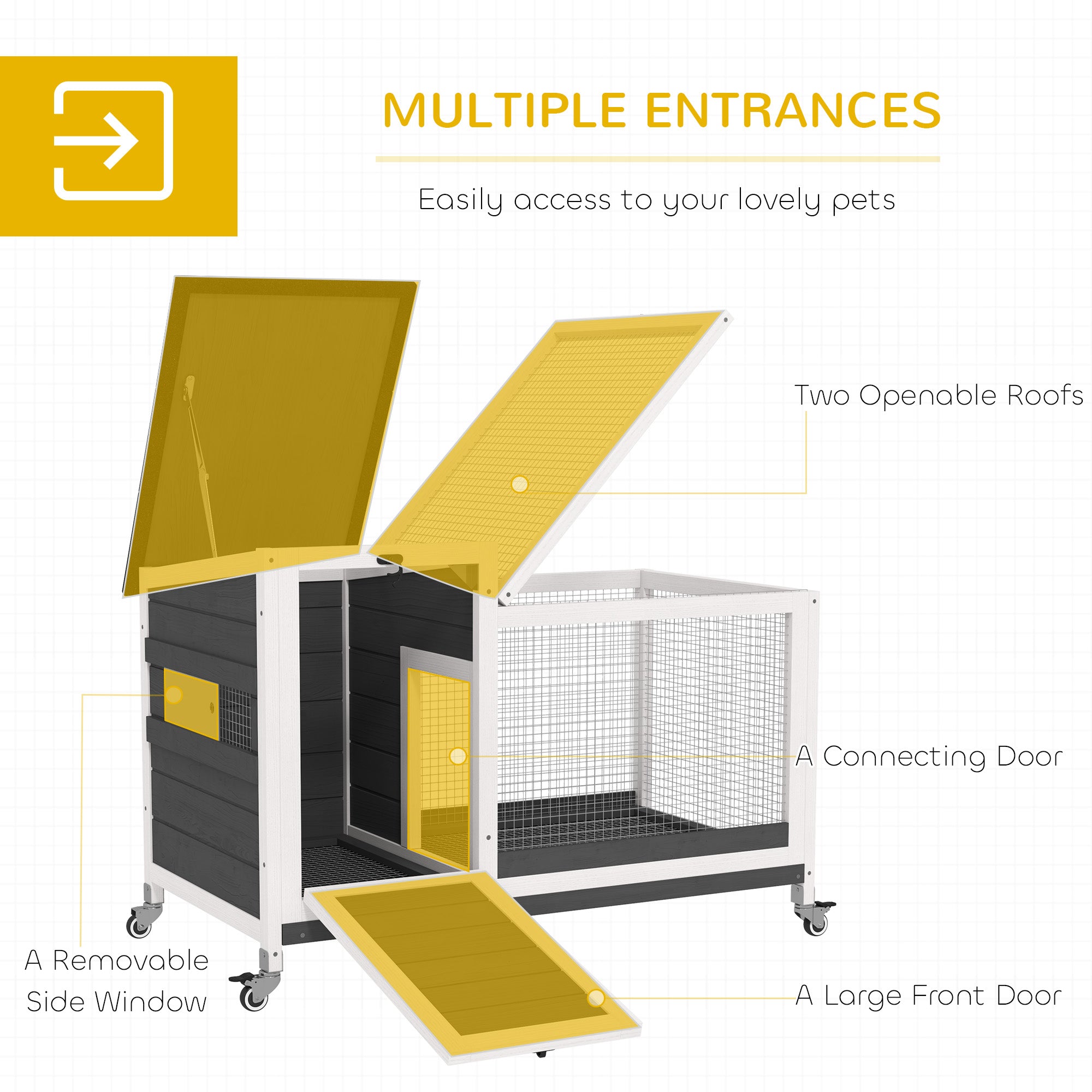 PawHut Wooden Rabbit Hutch, Indoor Outdoor Guinea Pig Cage with Pull-Out Tray, Asphalt Openable Roof, Small Animal Cage on Wheels with Run, Dark Grey
