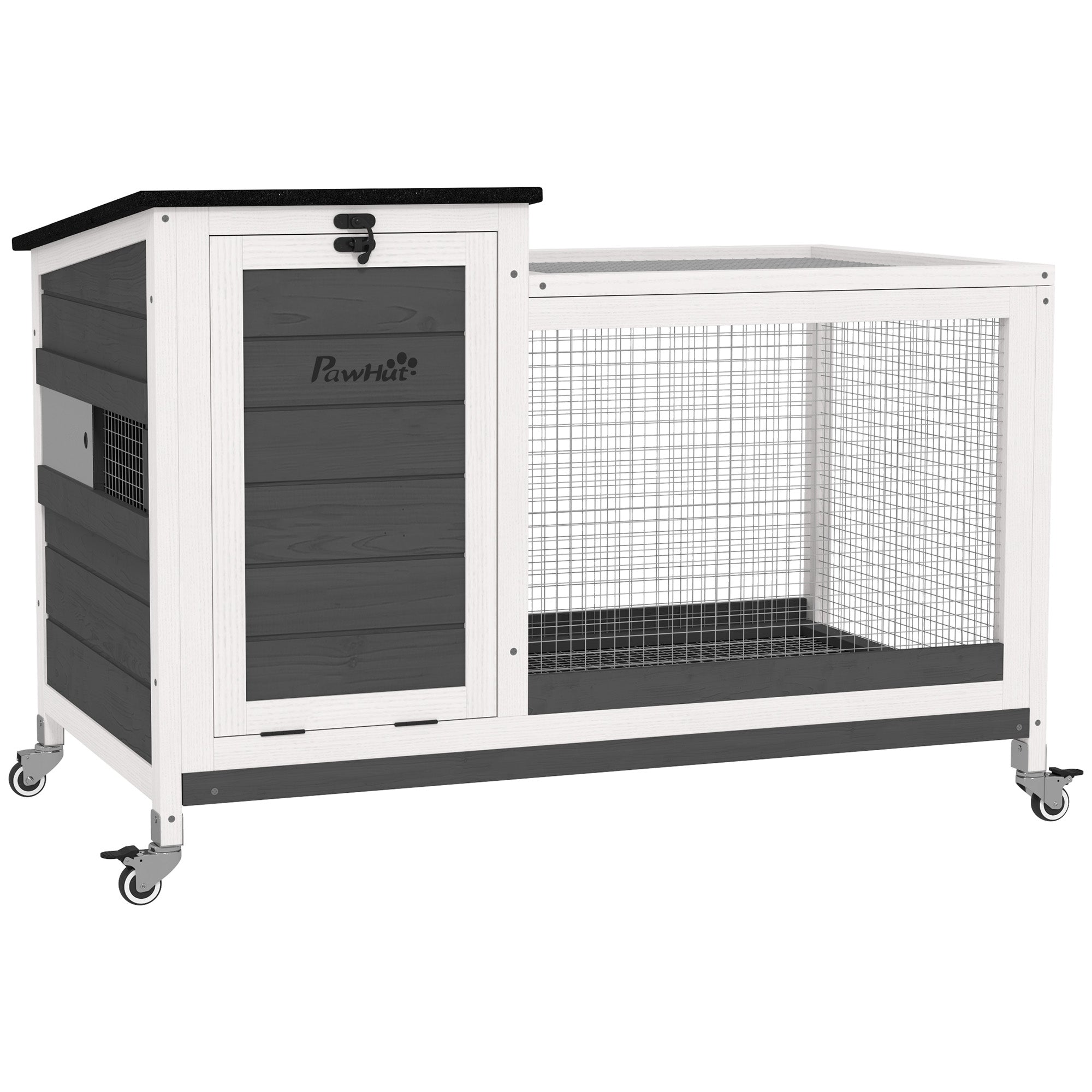 PawHut Wooden Rabbit Hutch, Indoor Outdoor Guinea Pig Cage with Pull-Out Tray, Asphalt Openable Roof, Small Animal Cage on Wheels with Run, Dark Grey