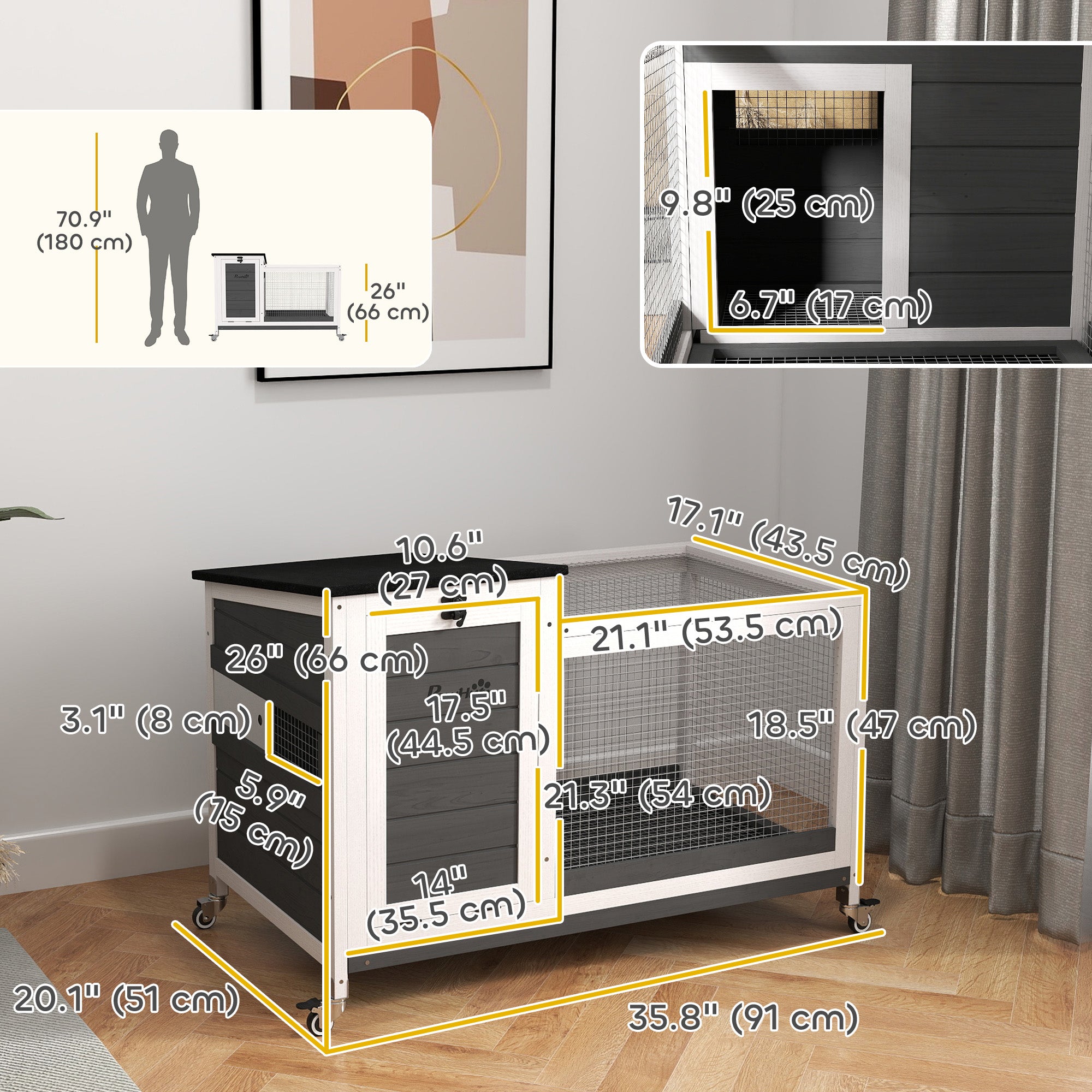 PawHut Wooden Rabbit Hutch, Indoor Outdoor Guinea Pig Cage with Pull-Out Tray, Asphalt Openable Roof, Small Animal Cage on Wheels with Run, Dark Grey