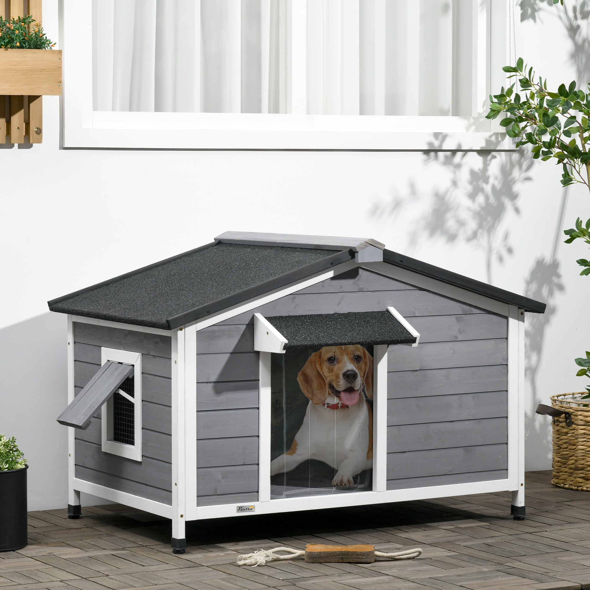PawHut Dog House Outdoor, Wooden Cabin Style Raised Dog Kennel Shelter with Openable Roof, Removable Bottom, Windows, Curtain, Foot Covers, for Small and Medium Dogs, Gray