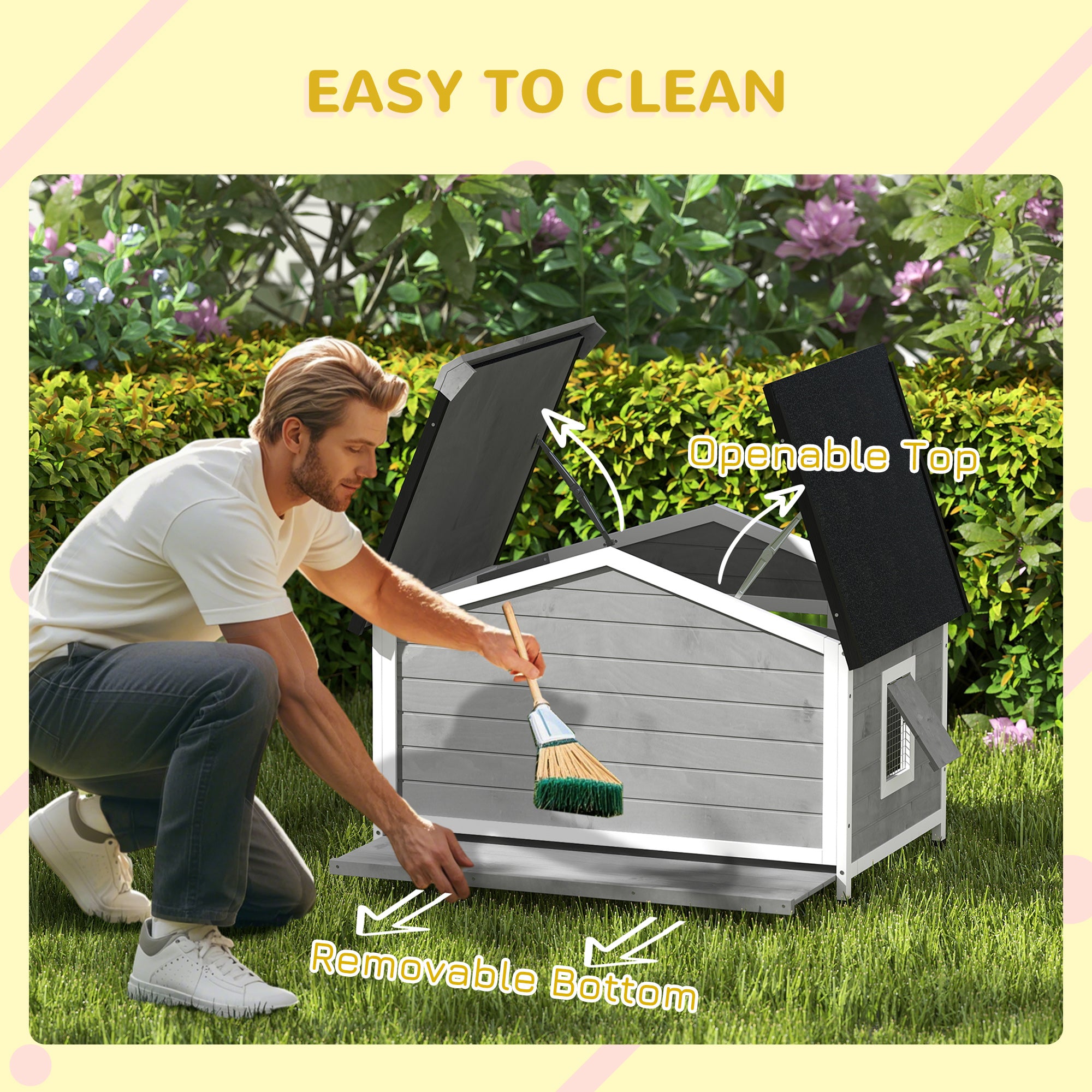 PawHut Dog House Outdoor, Wooden Cabin Style Raised Dog Kennel Shelter with Openable Roof, Removable Bottom, Windows, Curtain, Foot Covers, for Small and Medium Dogs, Gray