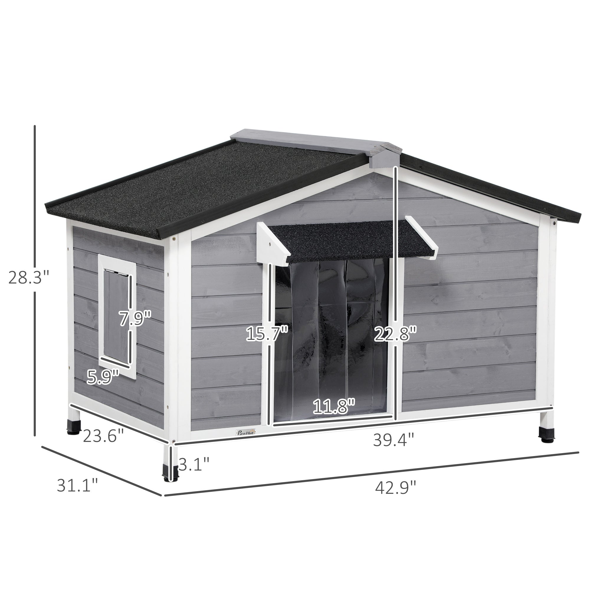 PawHut Dog House Outdoor, Wooden Cabin Style Raised Dog Kennel Shelter with Openable Roof, Removable Bottom, Windows, Curtain, Foot Covers, for Small and Medium Dogs, Gray