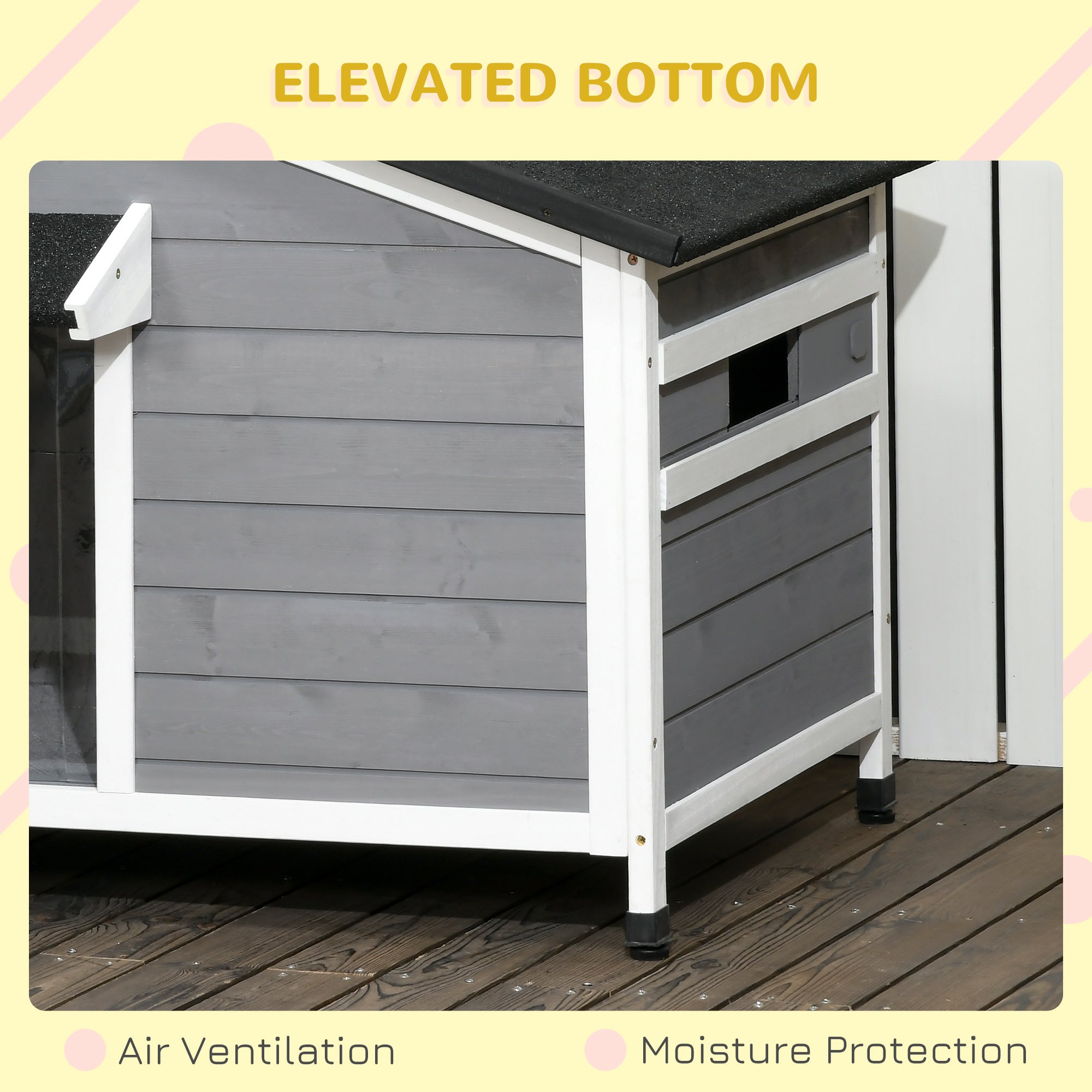 PawHut Dog House Outdoor, Wooden Cabin Style Raised Dog Kennel Shelter with Openable Roof, Removable Bottom, Windows, Curtain, Foot Covers, for Small and Medium Dogs, Gray