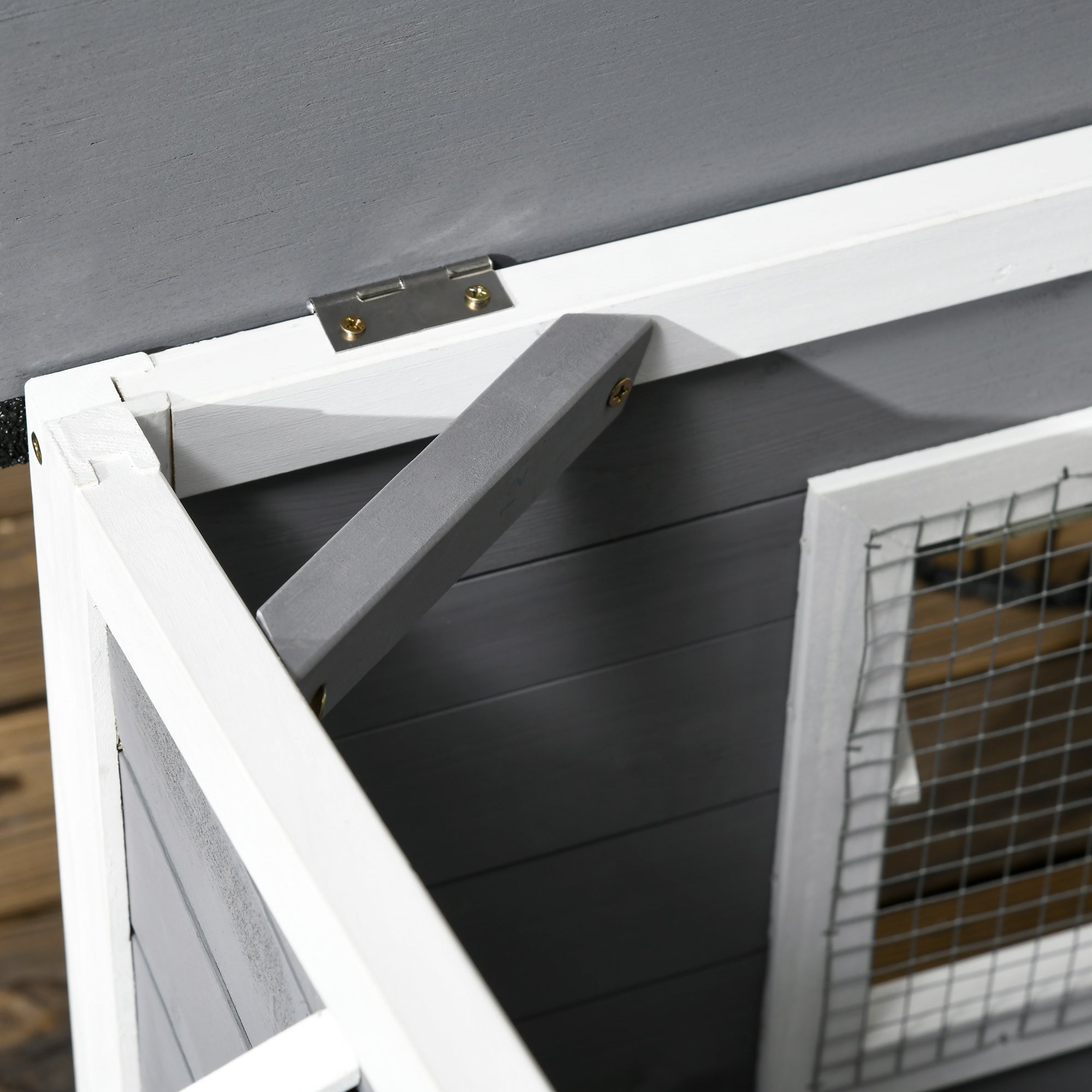 PawHut Dog House Outdoor, Wooden Cabin Style Raised Dog Kennel Shelter with Openable Roof, Removable Bottom, Windows, Curtain, Foot Covers, for Small and Medium Dogs, Gray