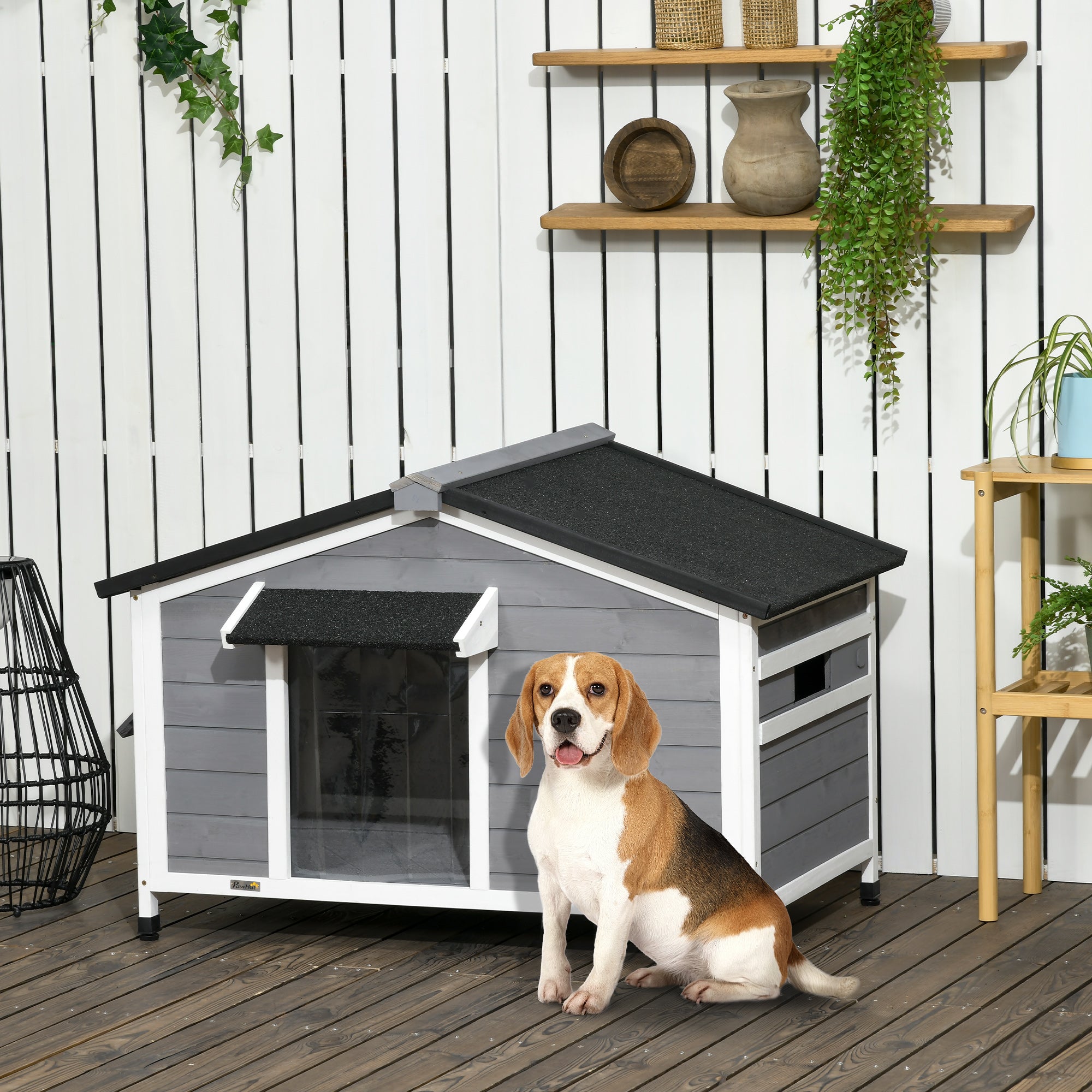 PawHut Dog House Outdoor, Wooden Cabin Style Raised Dog Kennel Shelter with Openable Roof, Removable Bottom, Windows, Curtain, Foot Covers, for Small and Medium Dogs, Gray