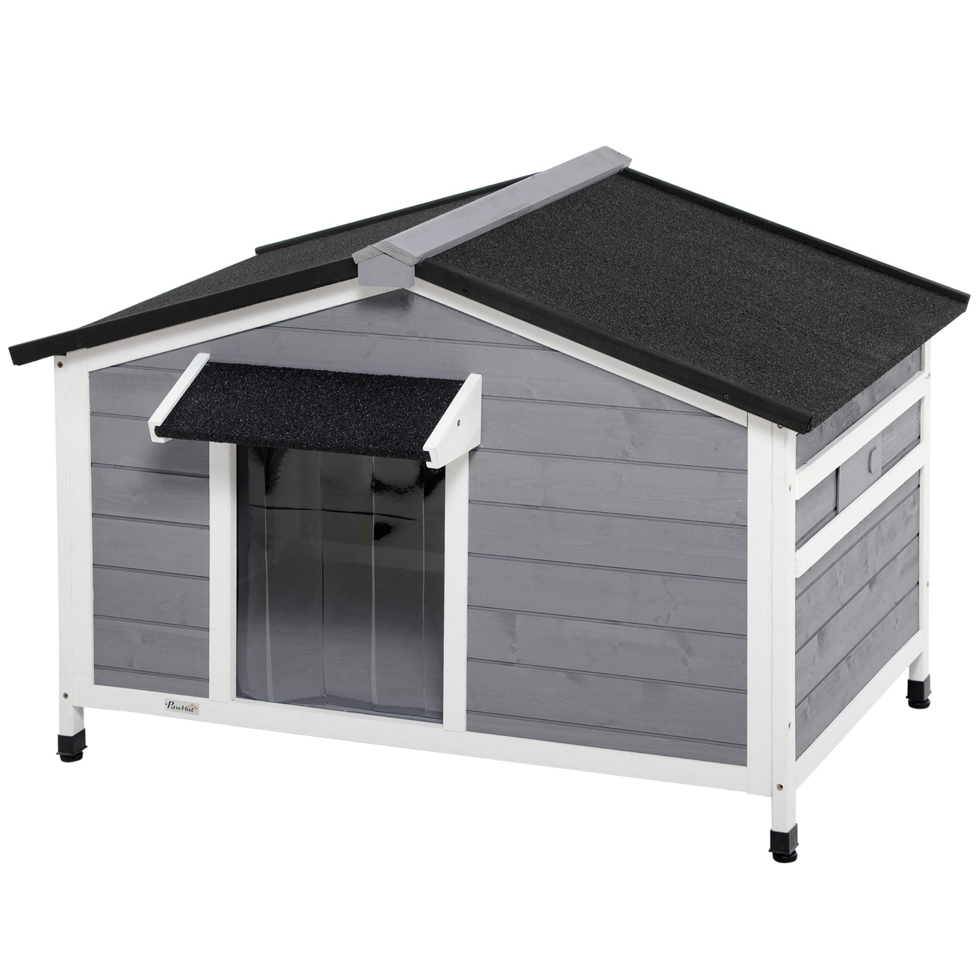 PawHut Dog House Outdoor, Wooden Cabin Style Raised Dog Kennel Shelter with Openable Roof, Removable Bottom, Windows, Curtain, Foot Covers, for Small and Medium Dogs, Gray