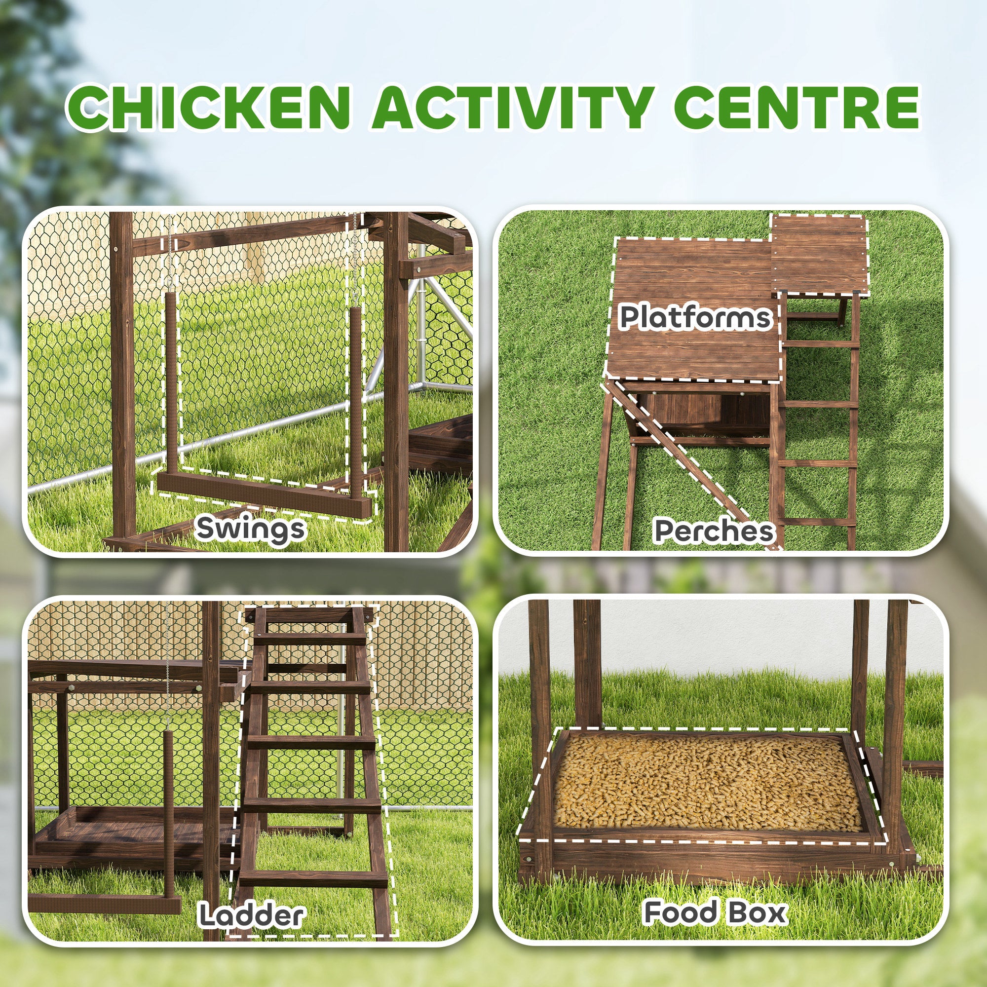 PawHut Wooden Chicken Activity Play Set, Chicken Coop Accessory with Perch, Swing, Ladder, Platforms, Feeder Storage for 4-6 Chickens, Coffee