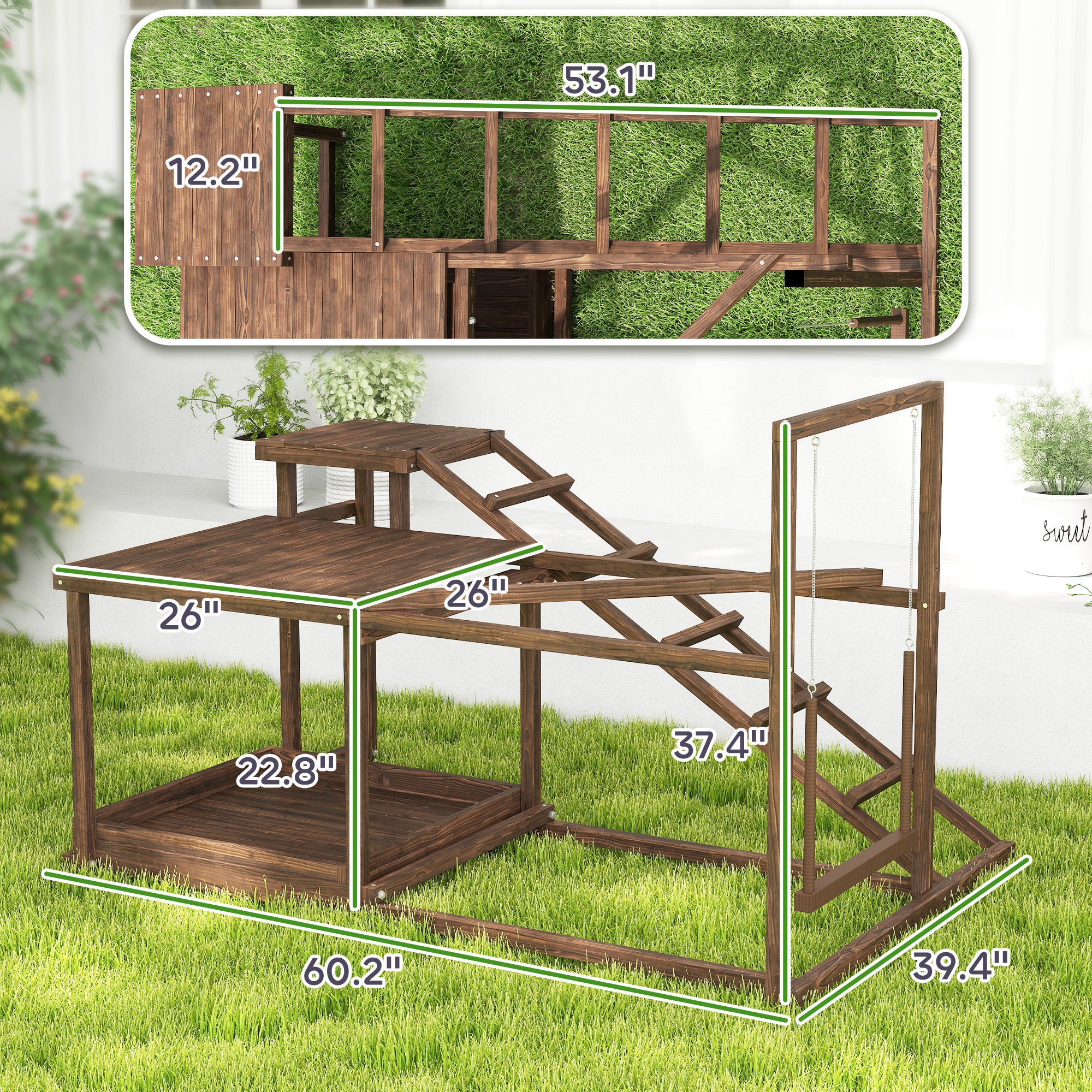PawHut Wooden Chicken Activity Play Set, Chicken Coop Accessory with Perch, Swing, Ladder, Platforms, Feeder Storage for 4-6 Chickens, Coffee