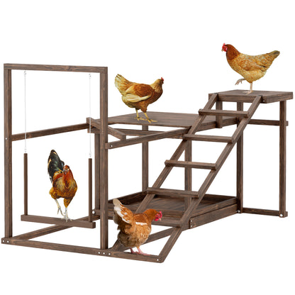 PawHut Wooden Chicken Activity Play Set, Chicken Coop Accessory with Perch, Swing, Ladder, Platforms, Feeder Storage for 4-6 Chickens, Coffee