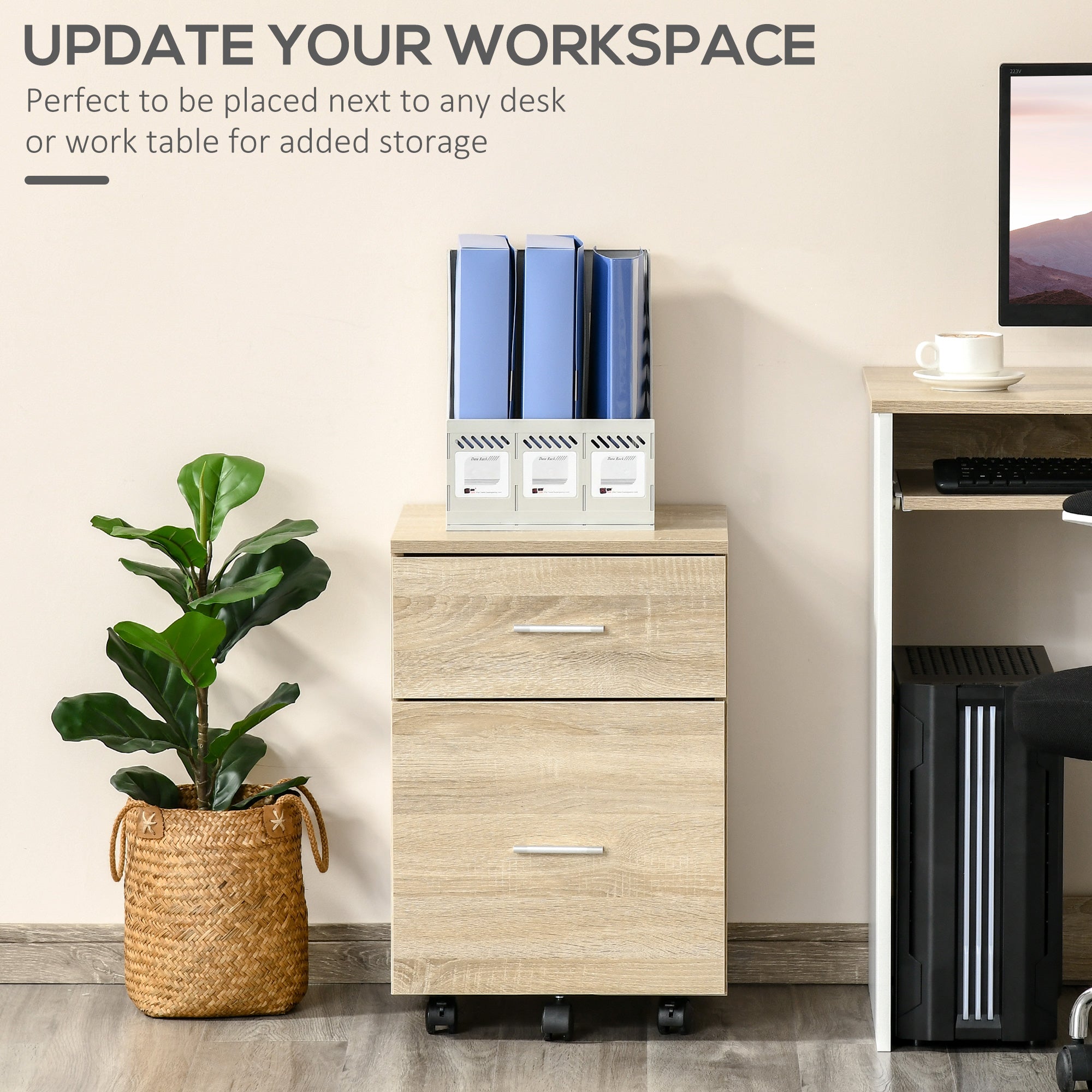 Vinsetto Vertical Filing Cabinet with Wheels, 2-Drawer Mobile File Cabinet, Office Storage Cabinet for Letter or A4 File, Study Home Office, Natural