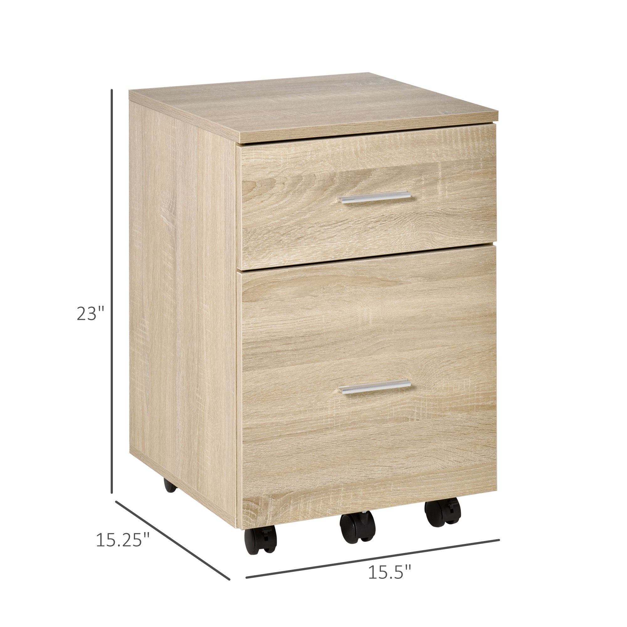 Vinsetto Vertical Filing Cabinet with Wheels, 2-Drawer Mobile File Cabinet, Office Storage Cabinet for Letter or A4 File, Study Home Office, Natural