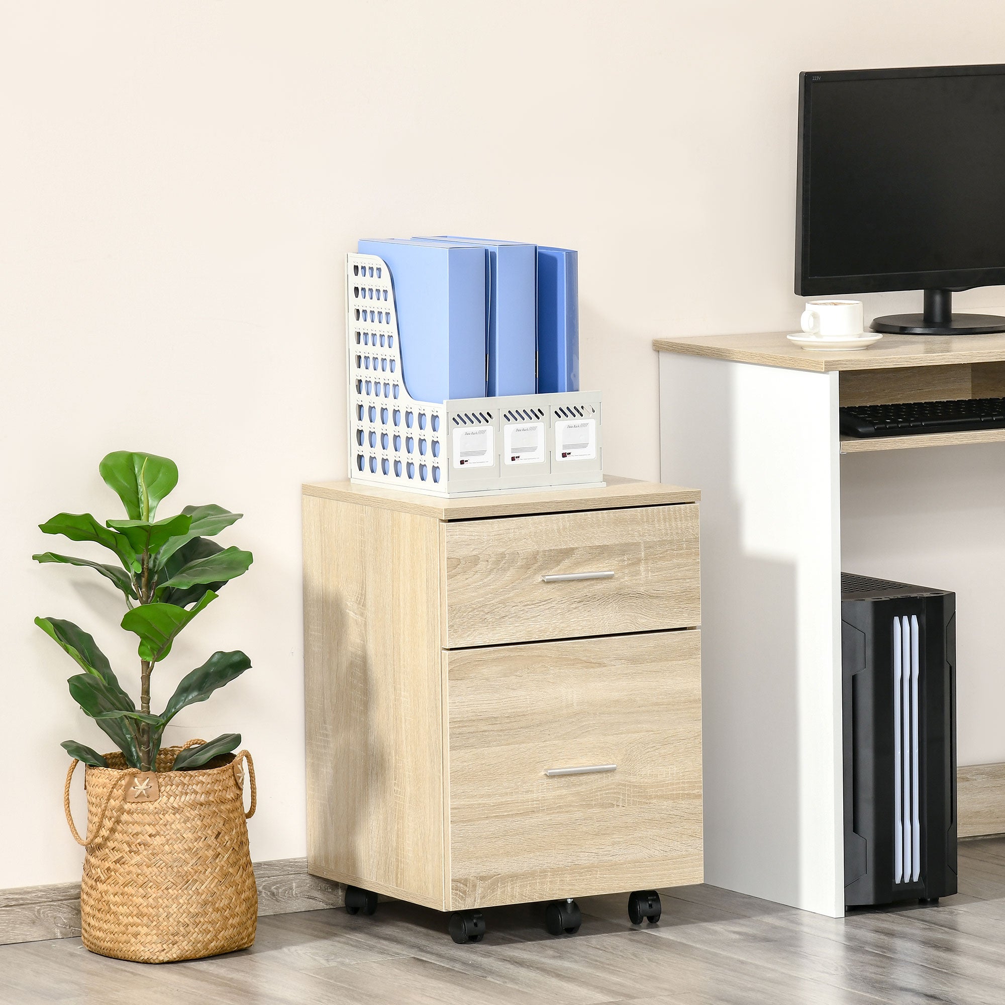 Vinsetto Vertical Filing Cabinet with Wheels, 2-Drawer Mobile File Cabinet, Office Storage Cabinet for Letter or A4 File, Study Home Office, Natural