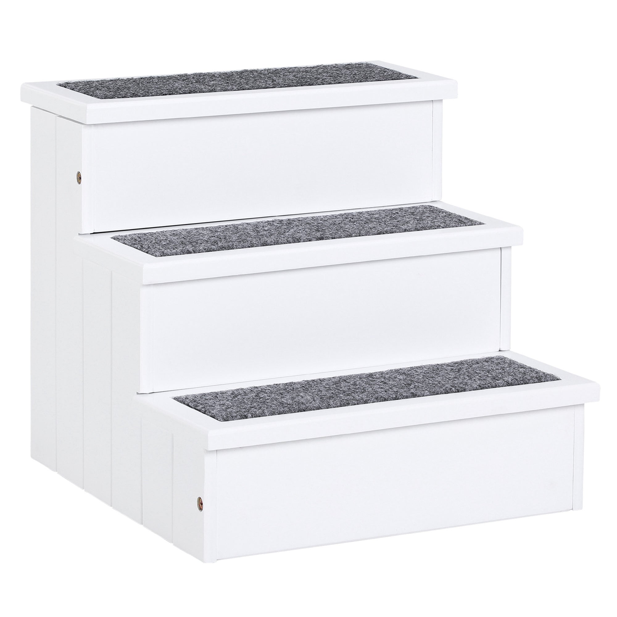 PawHut Pet Steps 3-Step Dog Stairs for Small Dogs Cats and Wooden Ramp with Storage Box Carpet Tread, White