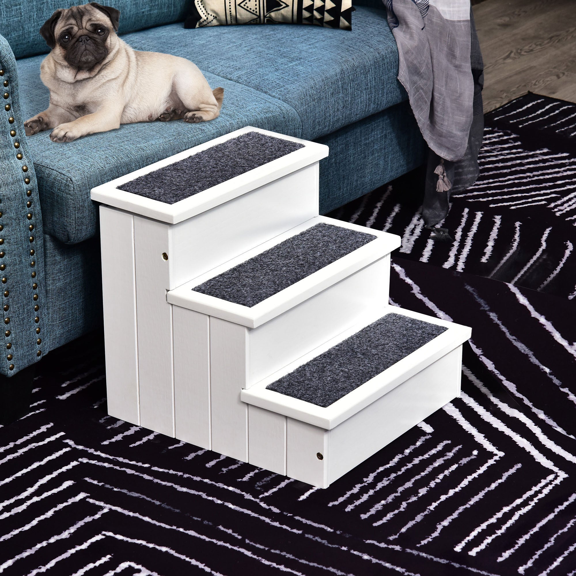 PawHut Pet Steps 3-Step Dog Stairs for Small Dogs Cats and Wooden Ramp with Storage Box Carpet Tread, White