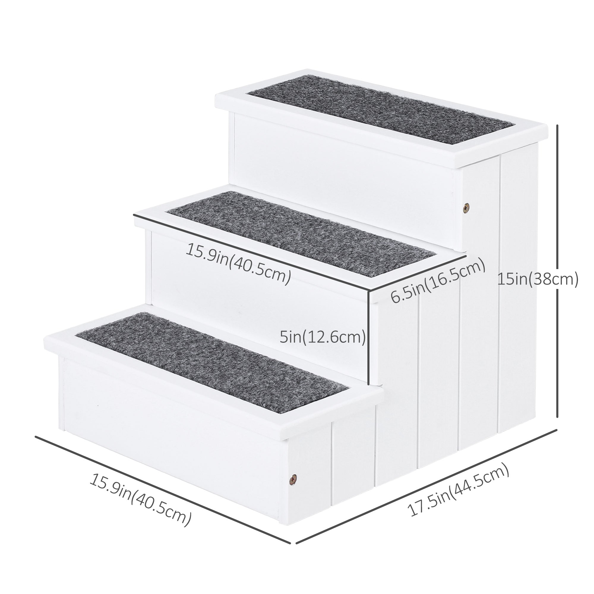 PawHut Pet Steps 3-Step Dog Stairs for Small Dogs Cats and Wooden Ramp with Storage Box Carpet Tread, White