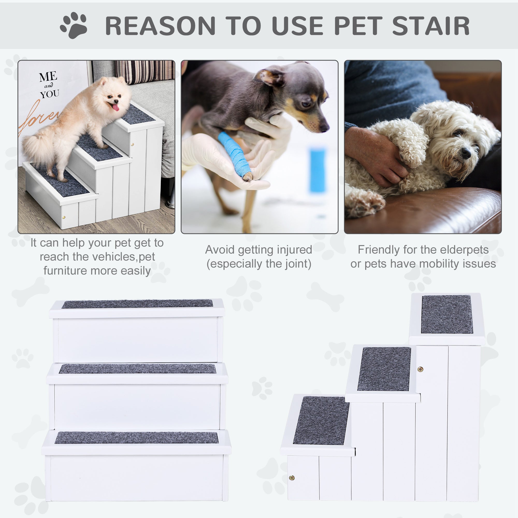 PawHut Pet Steps 3-Step Dog Stairs for Small Dogs Cats and Wooden Ramp with Storage Box Carpet Tread, White