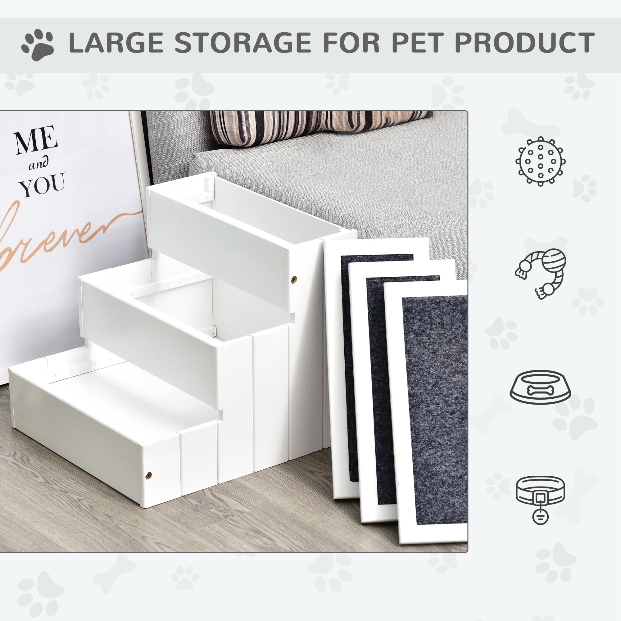 PawHut Pet Steps 3-Step Dog Stairs for Small Dogs Cats and Wooden Ramp with Storage Box Carpet Tread, White