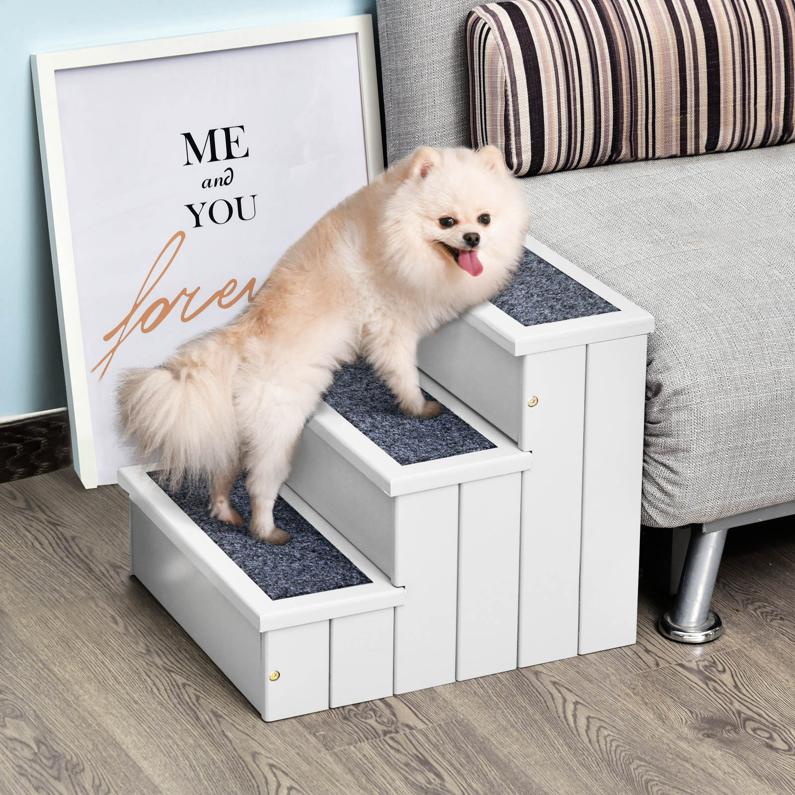PawHut Pet Steps 3-Step Dog Stairs for Small Dogs Cats and Wooden Ramp with Storage Box Carpet Tread, White